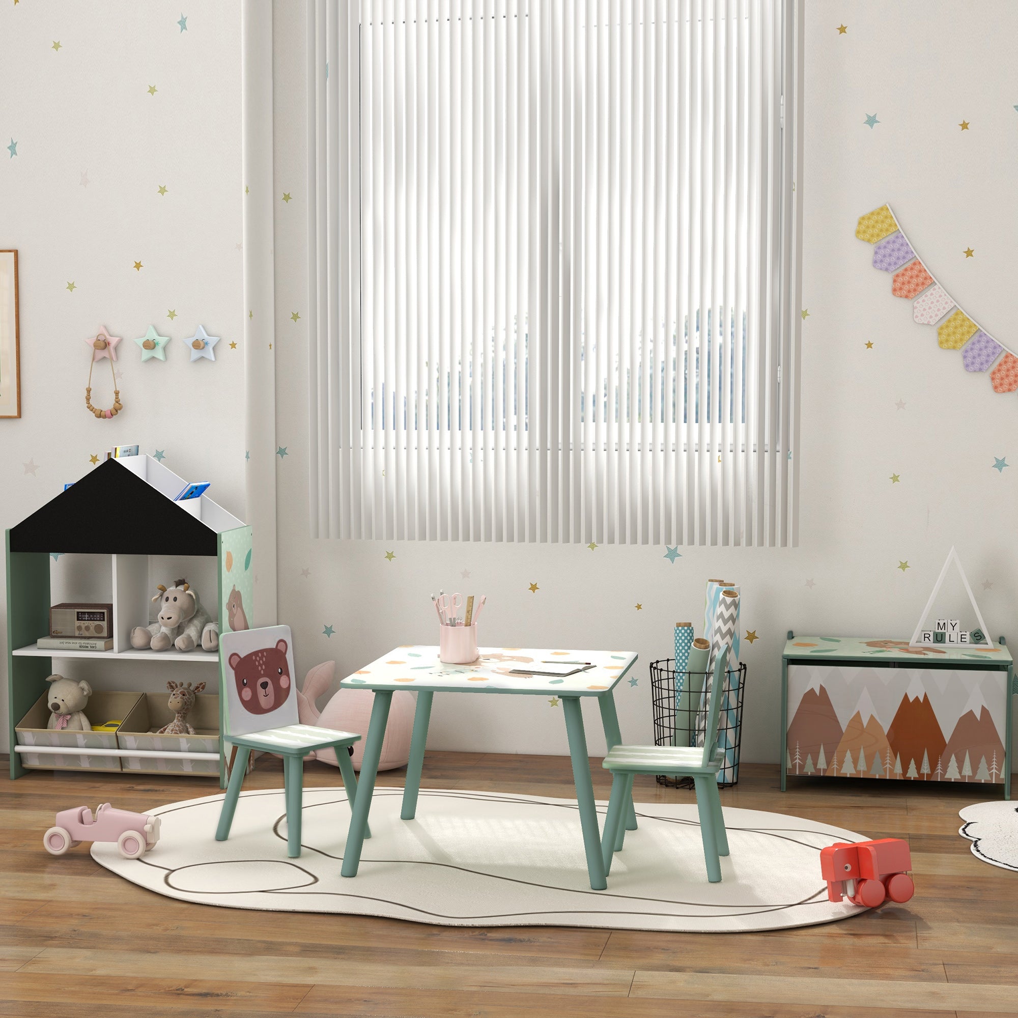 ZONEKIZ Sitzgruppe für Kinder 3-8 Jahre, 1 Tisch & 2 Stühle, niedliches Tiermotiv, Grün