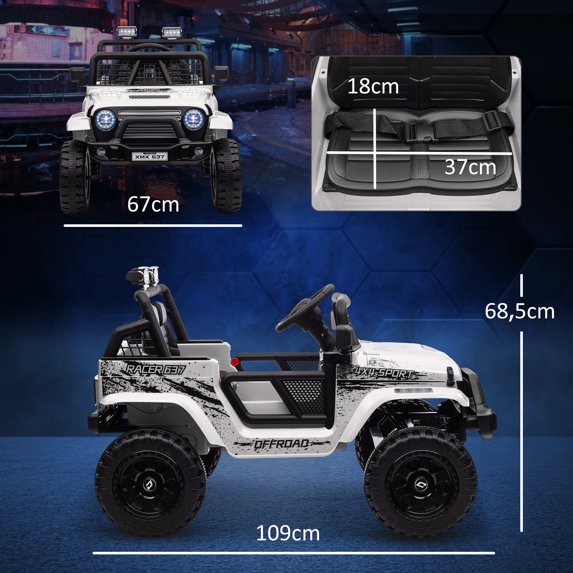 AIYAPLAY Kinder-Elektroauto mit sanfter Federung, fernsteuerbar, LED-Lichter, Hupe, 12V-Motoren, aus Kunststoff und Metall, Weiß
