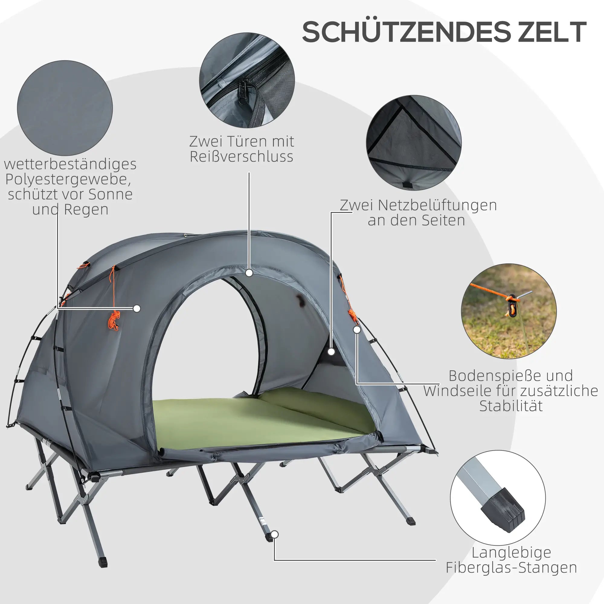 Outsunny Campingbett mit Zelt & Luftmatratze für 2 Personen, 200×146×159?cm, Grau