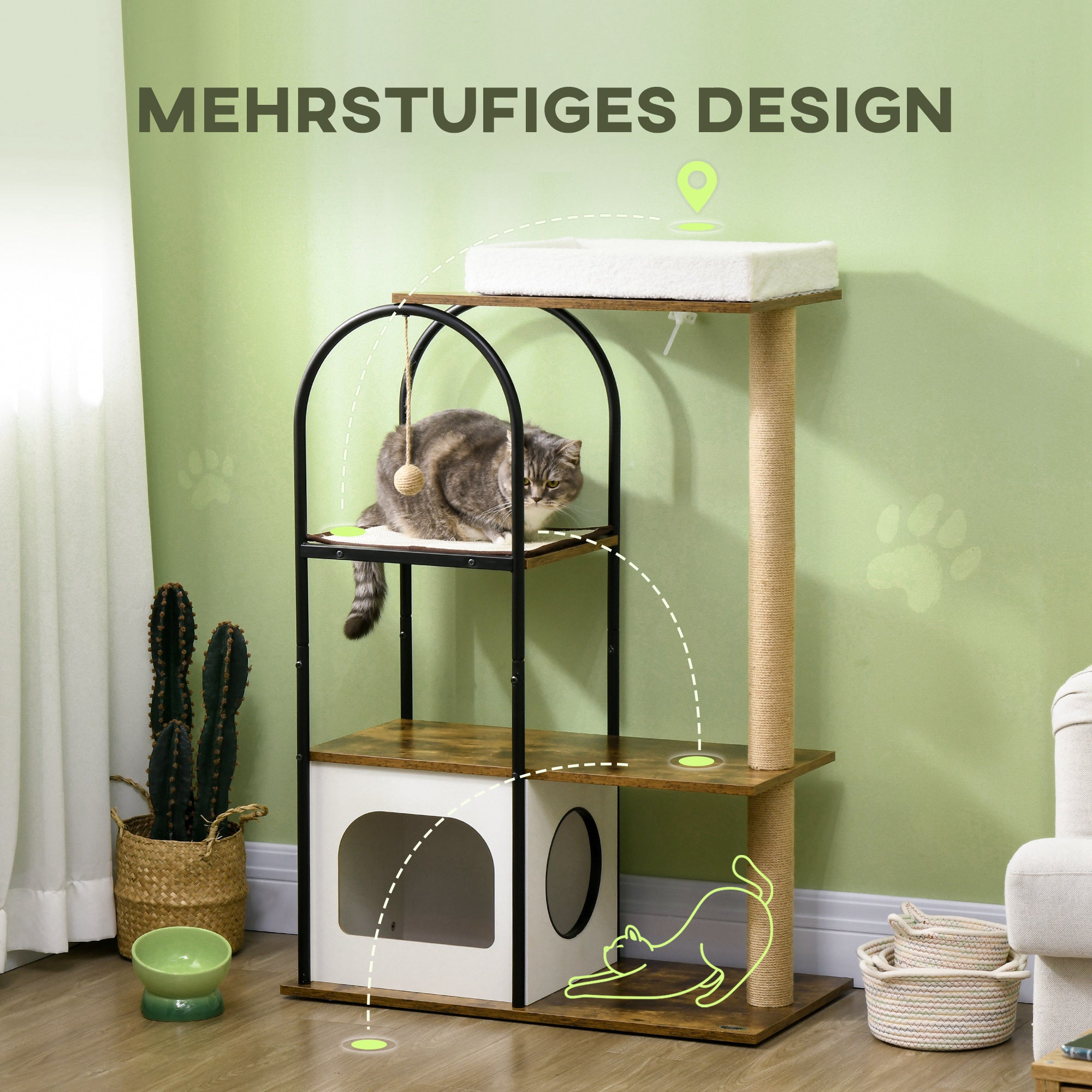 PawHut Kratzbaum, 4 Etagen, Katzenhaus, Spielball, Kippschutz, 80x40x118,5 cm, Braun/Weiß