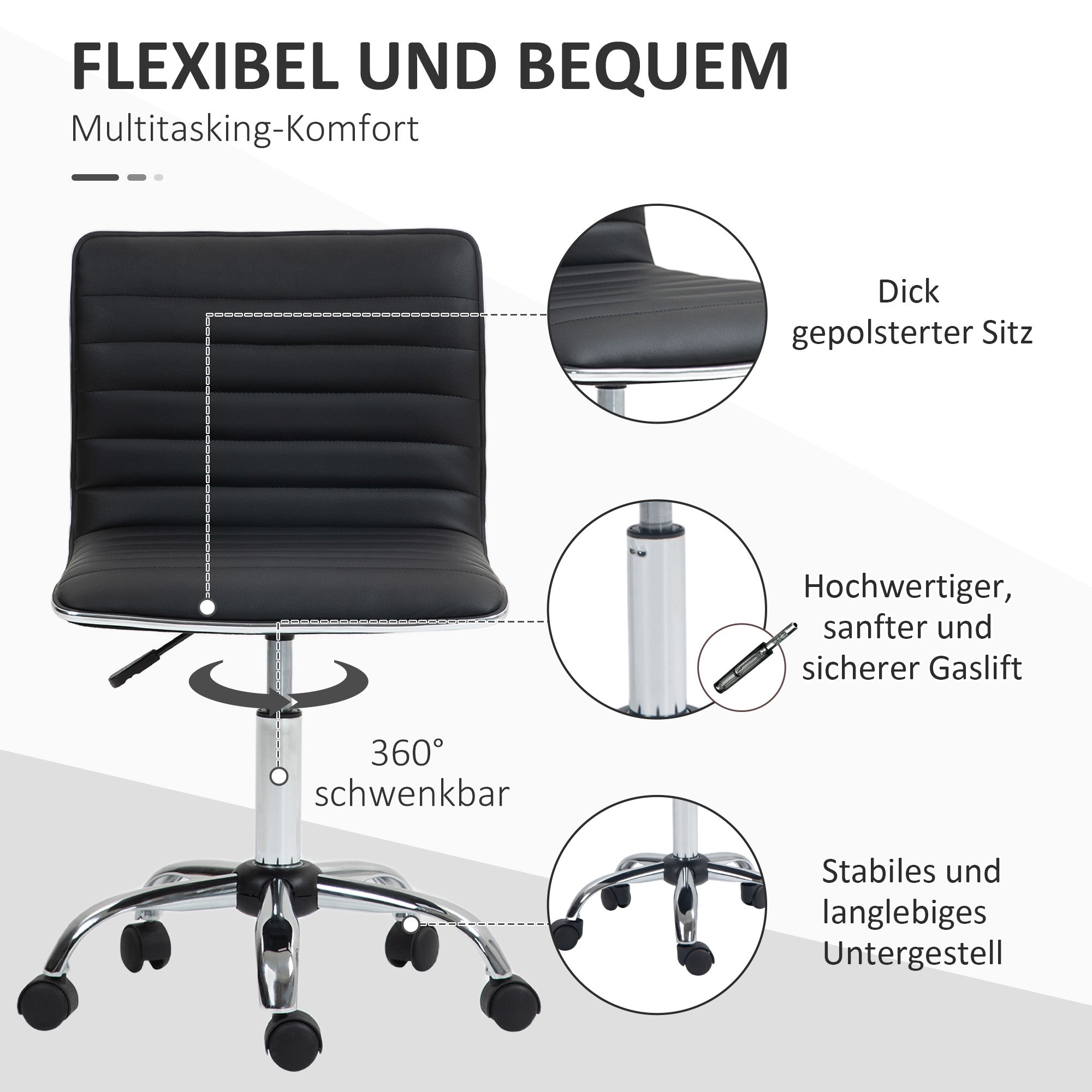 HOMCOM Höhenverstellbarer Salonstuhl mit Rückenlehne, Drehstuhl, Metall, Kunstleder, 48 x 52 x 78-90 cm, Schwarz