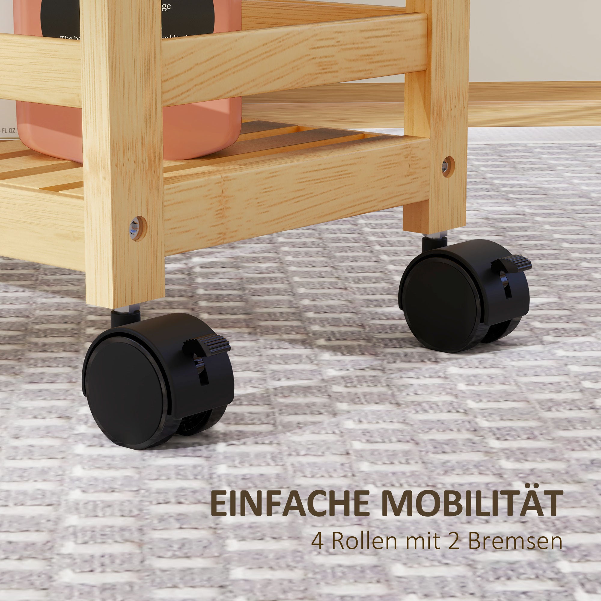 HOMCOM Servierwagen, 3 Etagen, Lamellenböden, Herausfallschutz, Bambus, 55 x 20 x 75 cm