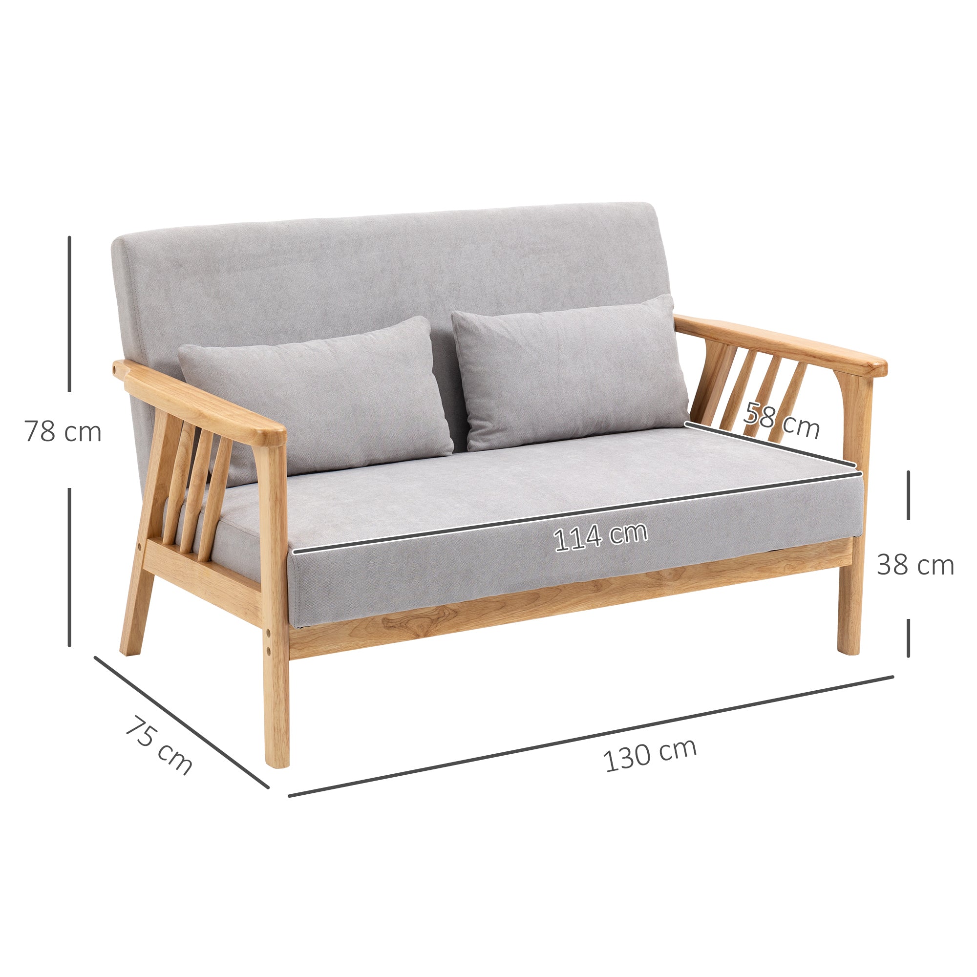 HOMCOM Sofa Relaxsofa 2-Sitzersofa, inkl. 2 Kissen, Samtoptik, Kautschukholz, 130 cm x 75 cm x 78 cm, Grau + Natur