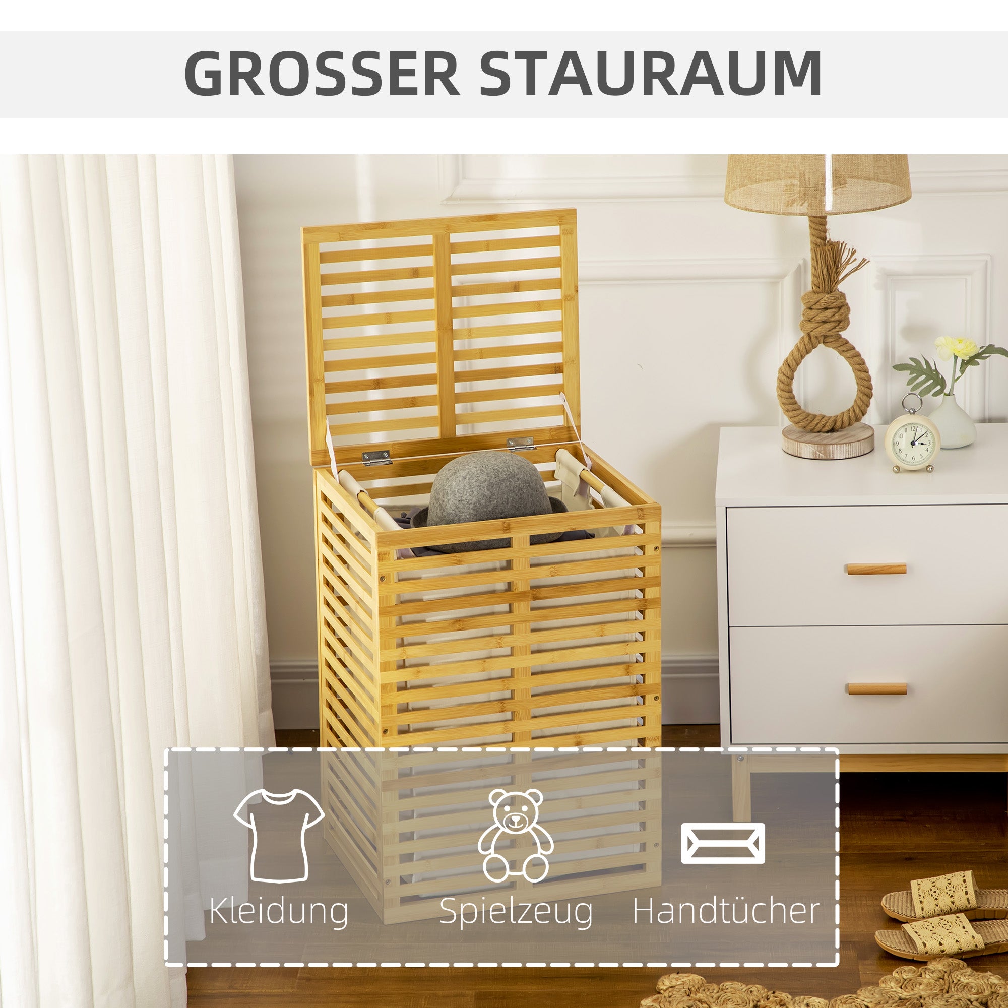 HOMCOM Bambus Wäschekorb mit 63 L Wäschesammler mit Deckel Wäschesack, Stange 44 x 37 x 62,5 cm Naturholz
