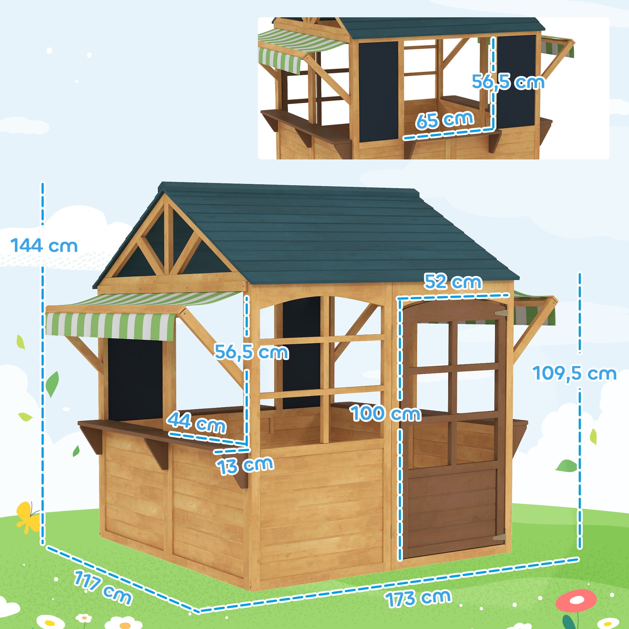 AIYAPLAY Kinderspielhaus aus Tannenholz, Faltbares Häuschen mit Fenstern, Tür, für Kinder im Alter von 3-8 Jahren, Braun+Blau