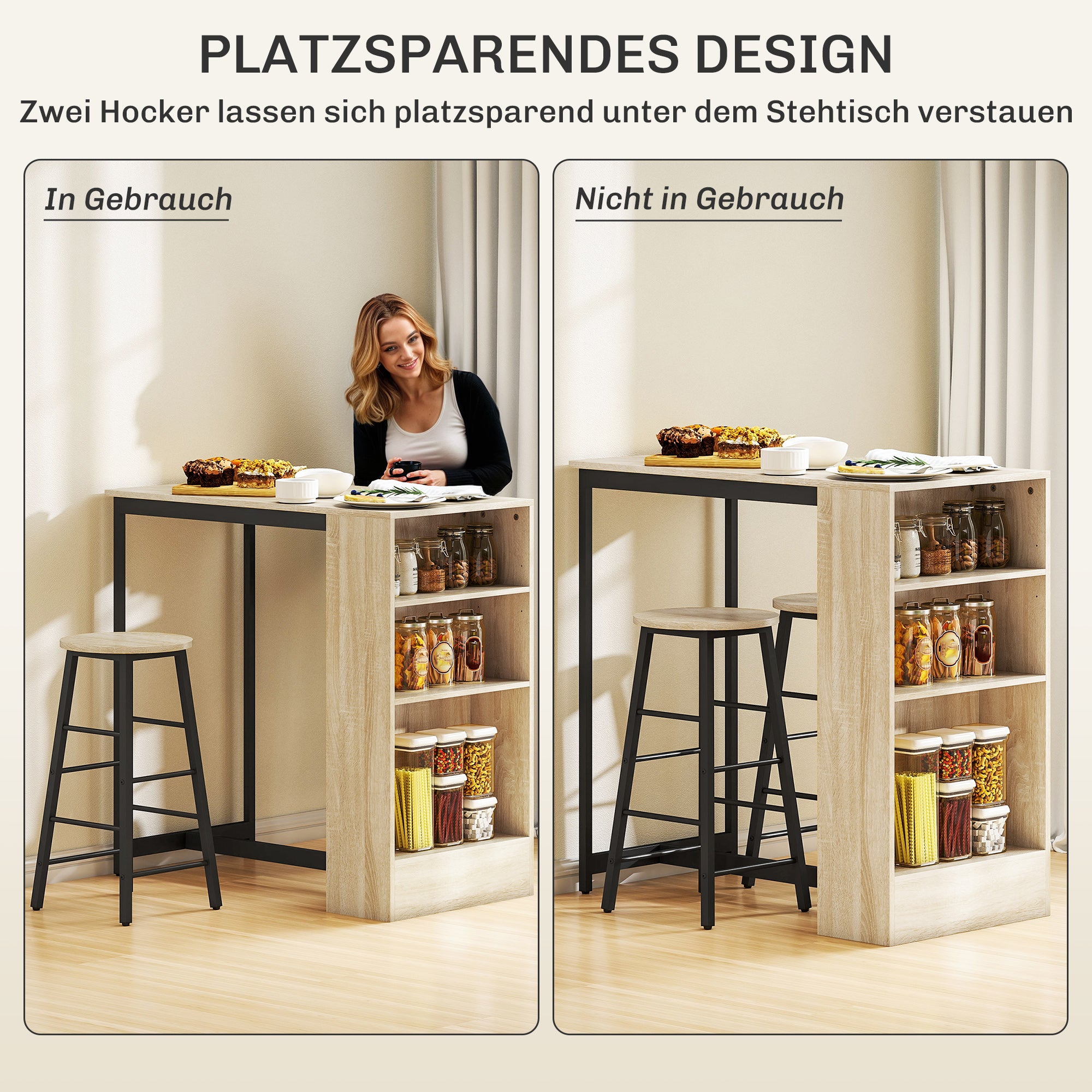HOMCOM 3-teiliges Bartisch-Set, 1 Tresen, 2 Stühle, mit Stauraum und Fußstützen, platzsparend, Hellbraun+Schwarz