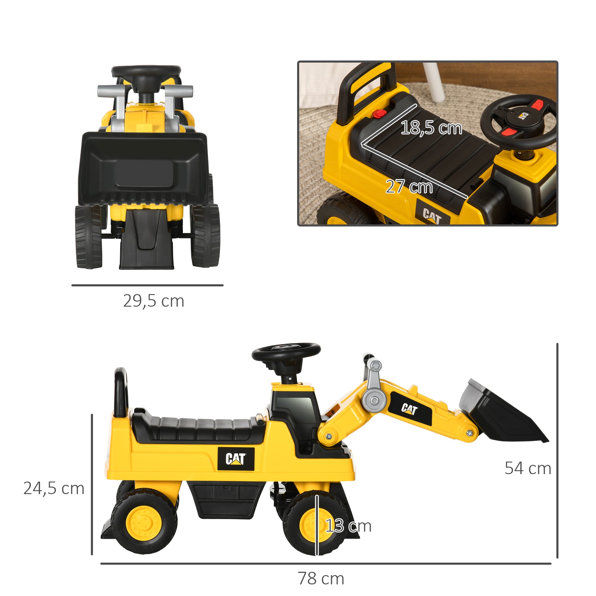 HOMCOM Kinderbagger, Rutscher, bedienbare Baggerschaufel, Kippschutz, rutschfeste Räder, gelb+schwarz, 78 x 29,5 x 54 cm