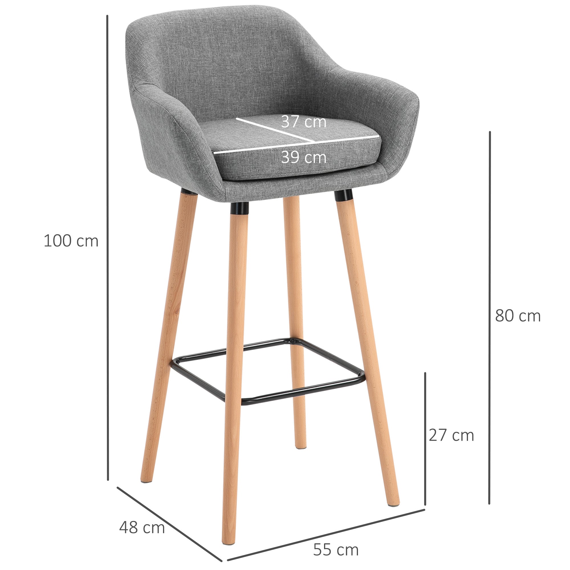 HOMCOM 2er-Set Barhocker, inkl. Fußstütze, Massivholz, 55 cm x 48c m x 100 cm,  Grau