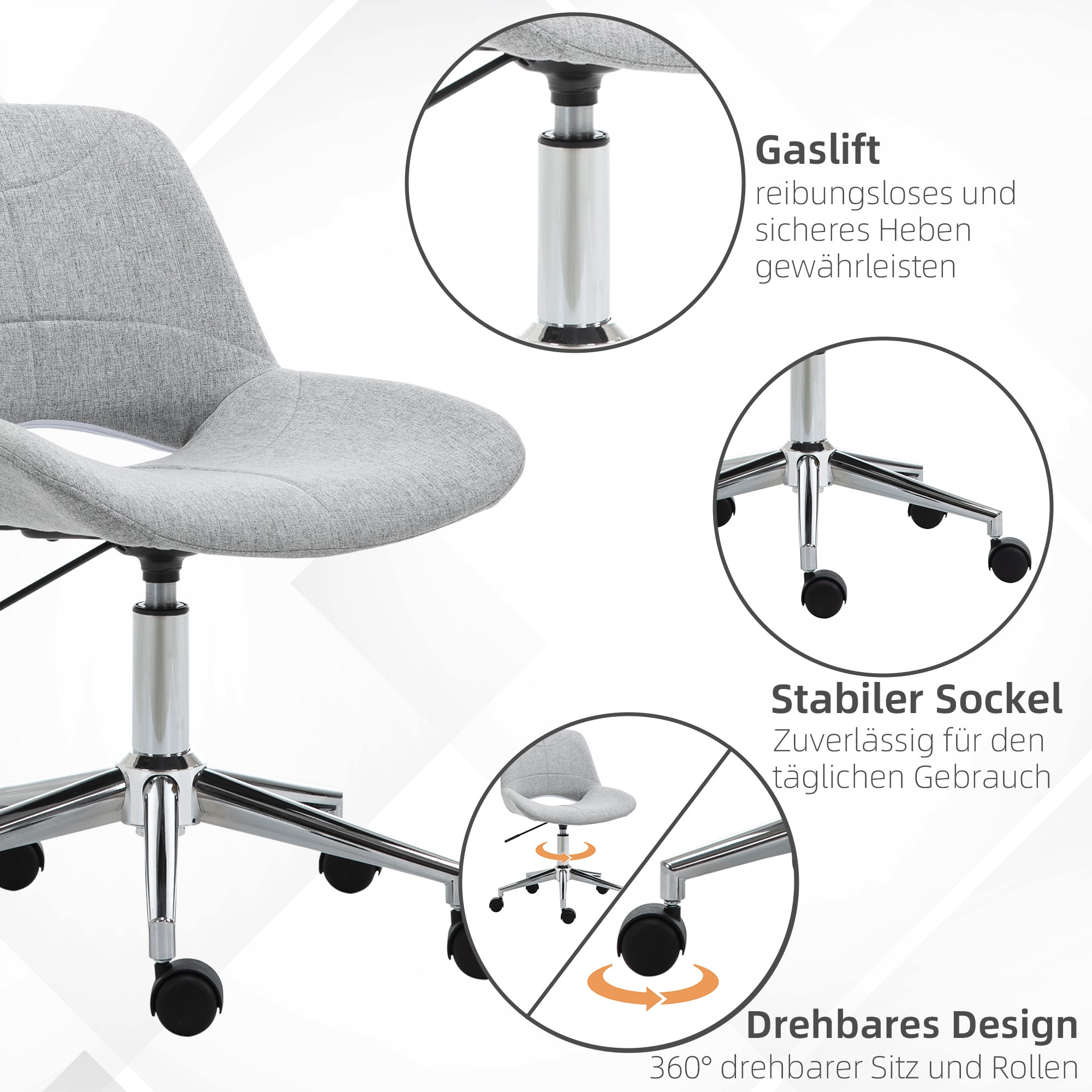 HOMCOM Bürostuhl, höhenverstellbar, um 360° drehbar, bis 110 kg, Metallrahmen, hellgrau, 49 x 56,5 x 73-82,5 cm