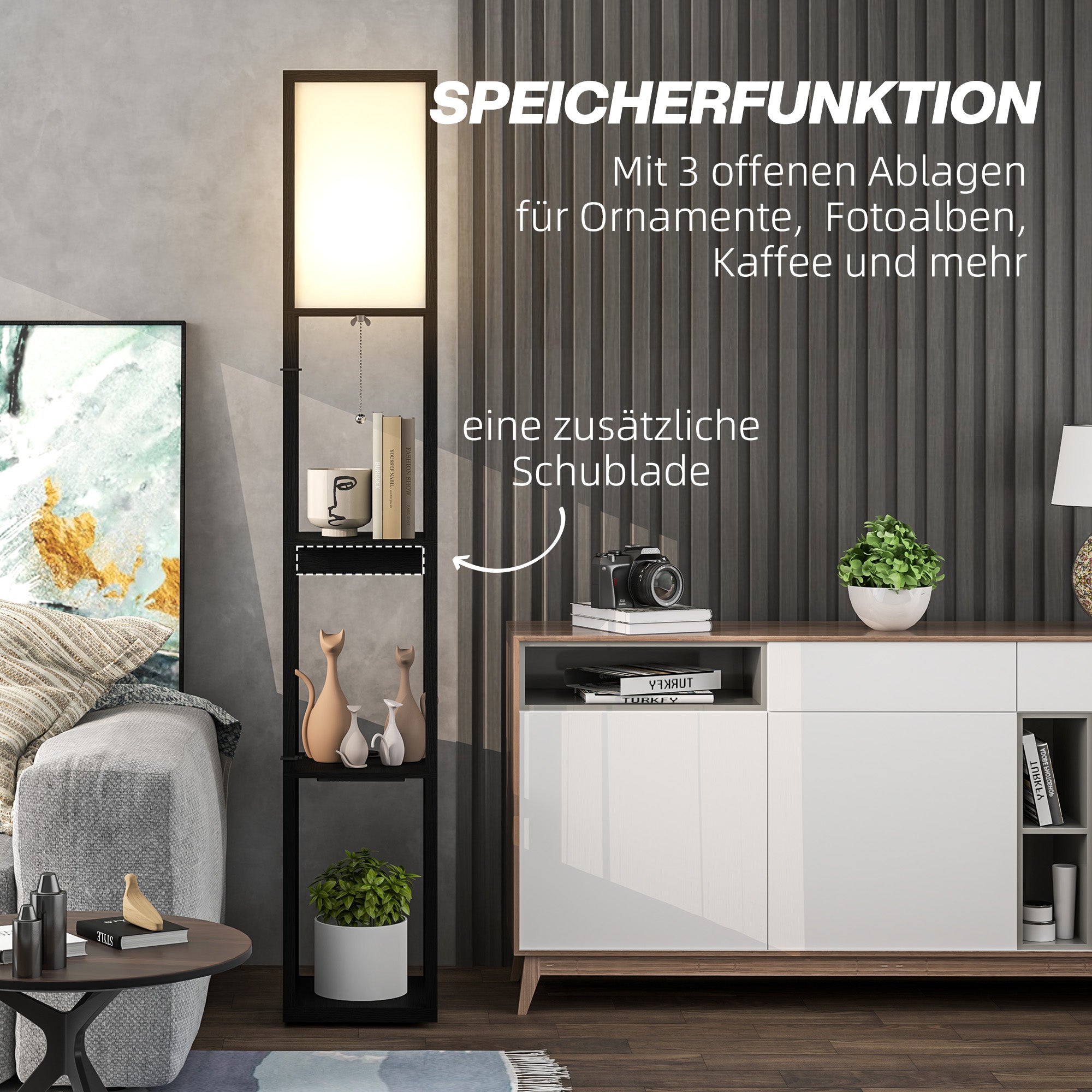 HOMCOM Stehlampe mit 3-stufigem Regal, Fußschalter, USB-Anschlüssen, MDF, Schwarz