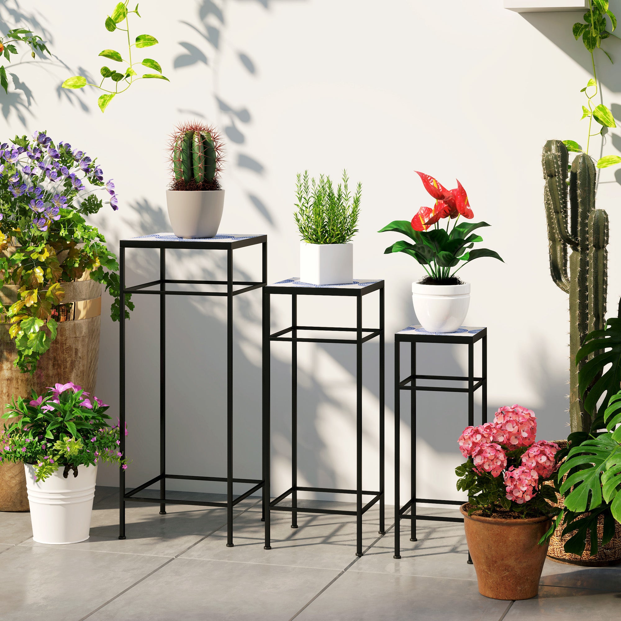 Outsunny 3er-Set Pflanzenständer, 3 verschieden große Gestelle zum Präsentieren von Blumen und anderen Gegenständen, Blau+Weiß