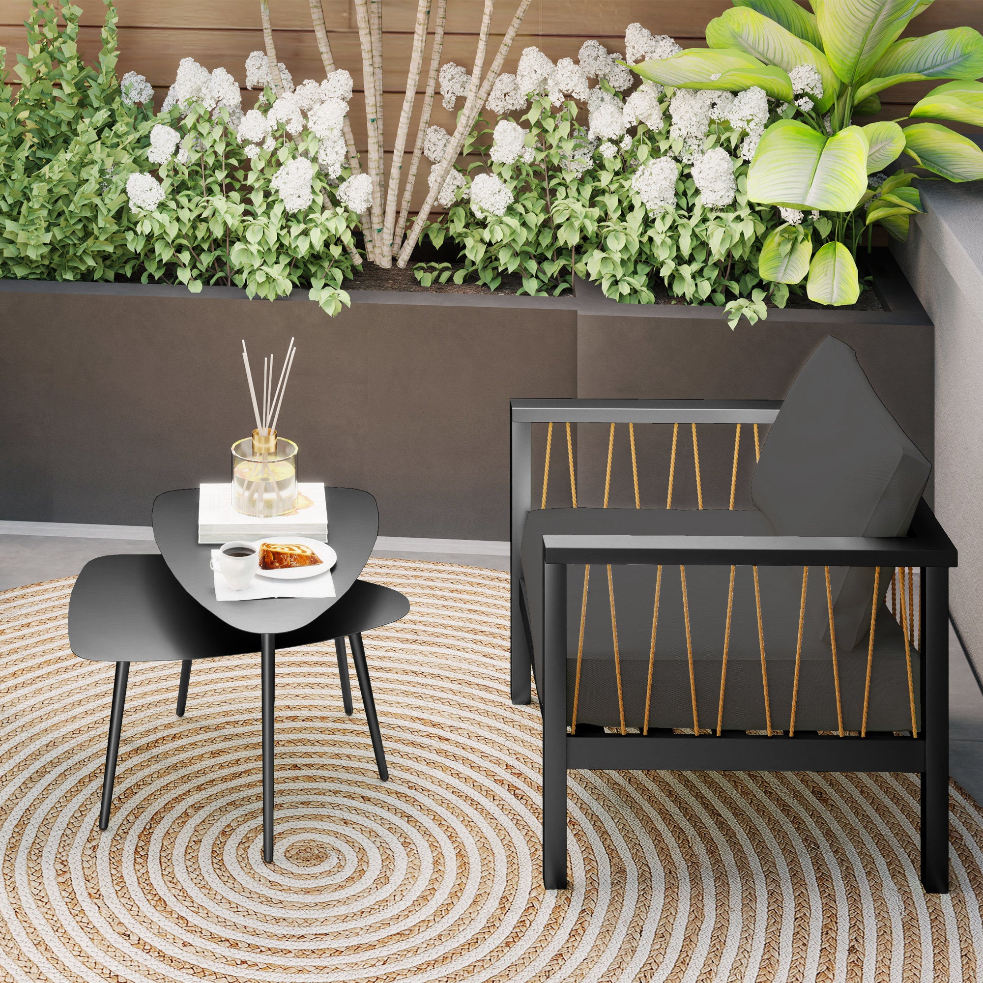 Outsunny Couchtisch 2er Set, Wetterfest Balkontisch aus Stahl, Beistelltisch im Geometrischem Design Schwarz