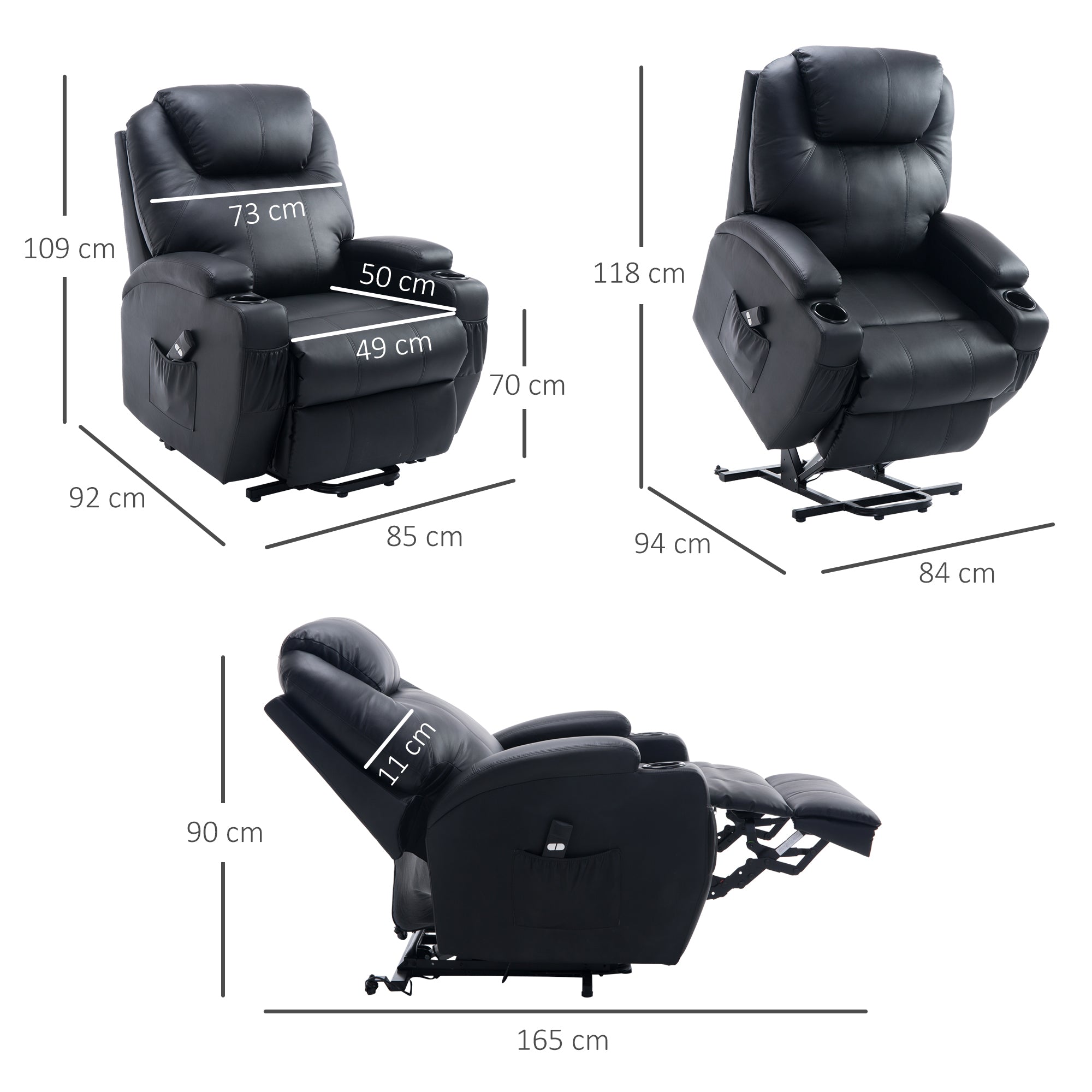 HOMCOM Fernsehsessel mit Aufstehhilfe Elektrisch Relaxsessel mit Liegefunktion, TV-Sessel mit Becherhalter, Seitentasche und Fernbedienung, Kunstleder, Schwarz