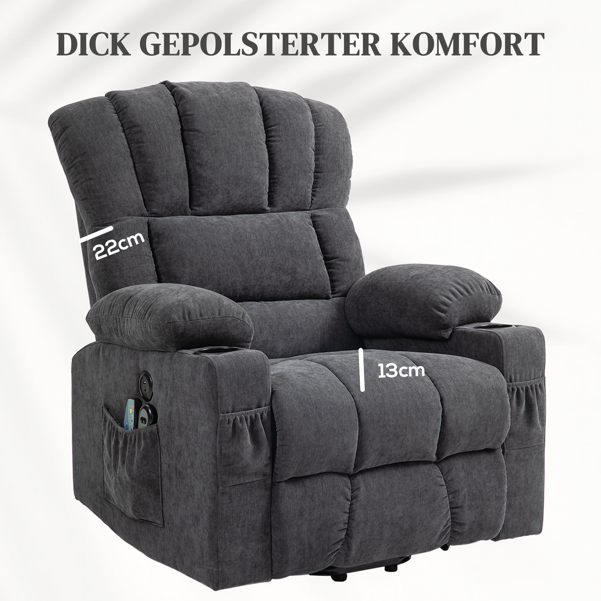 HOMCOM Elektrischer Power Lift Aufsteh-Sessel mit Massage- und Wärmefunktion, USB-Anschlüssen, Becherhaltern, Dunkelgrau