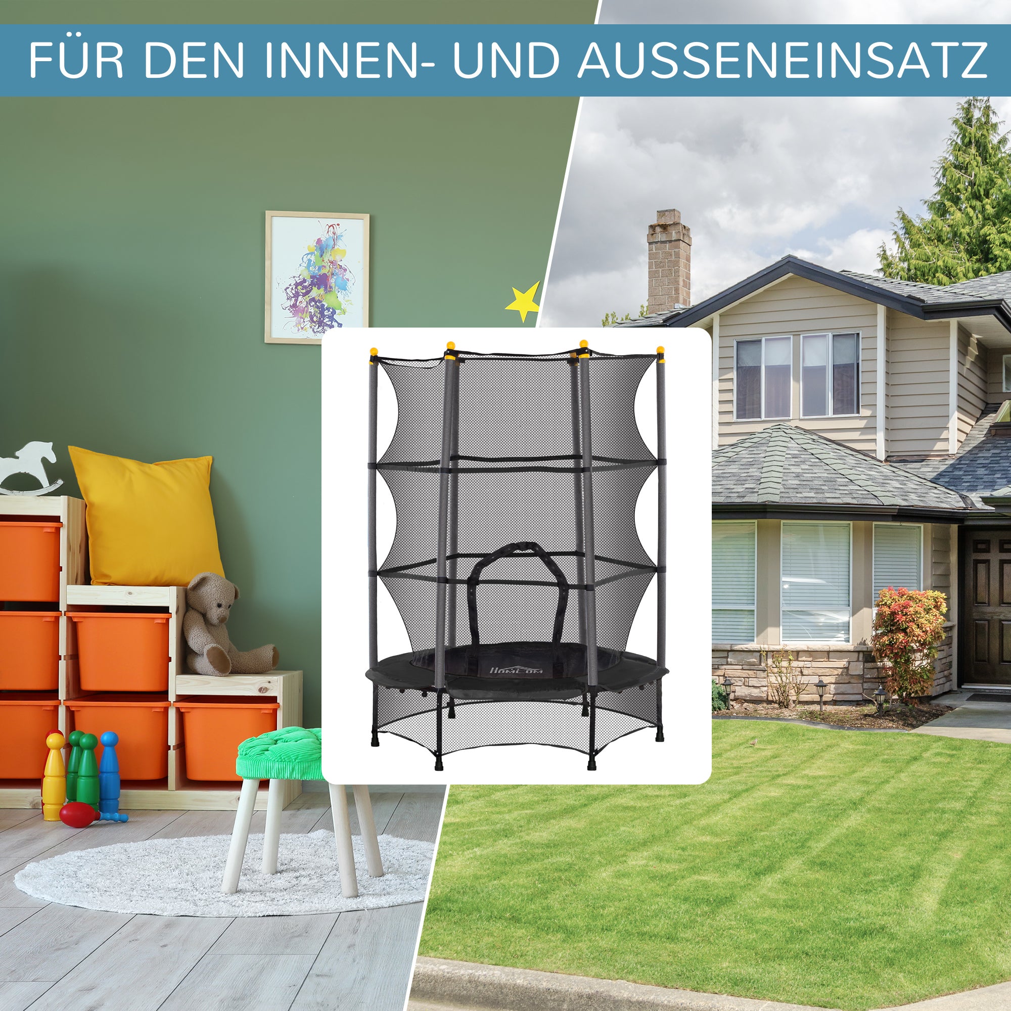 HOMCOM Trampolin für Kinder, Ø140 cm, mit Sicherheitsnetz, für innen und außen, Stahl, Kunststoff, belastbar bis 50 kg, Schwarz