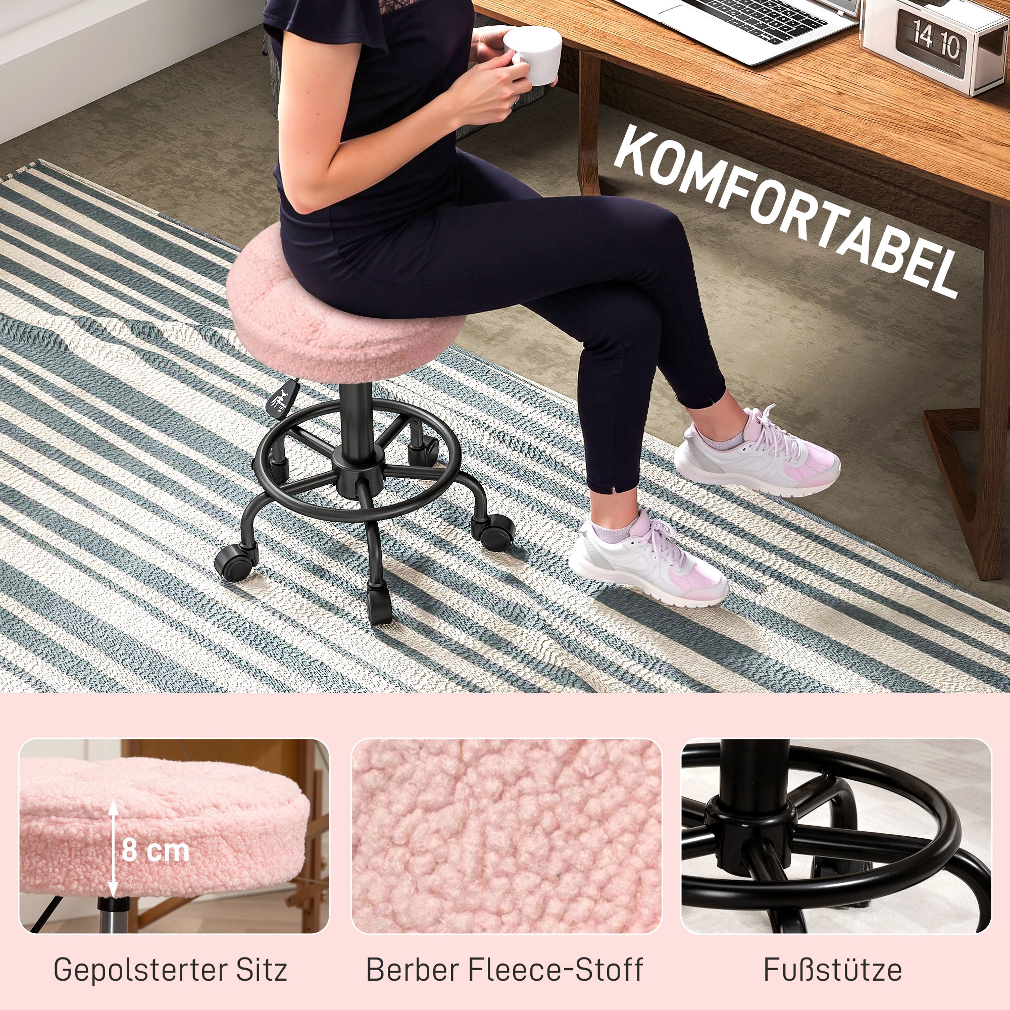 HOMCOM Rollhocker höhenverstellbar Drehhocker 55-66 cm Arbeitshocker 360° drehbar Ø50 x 50-66 cm Rosa