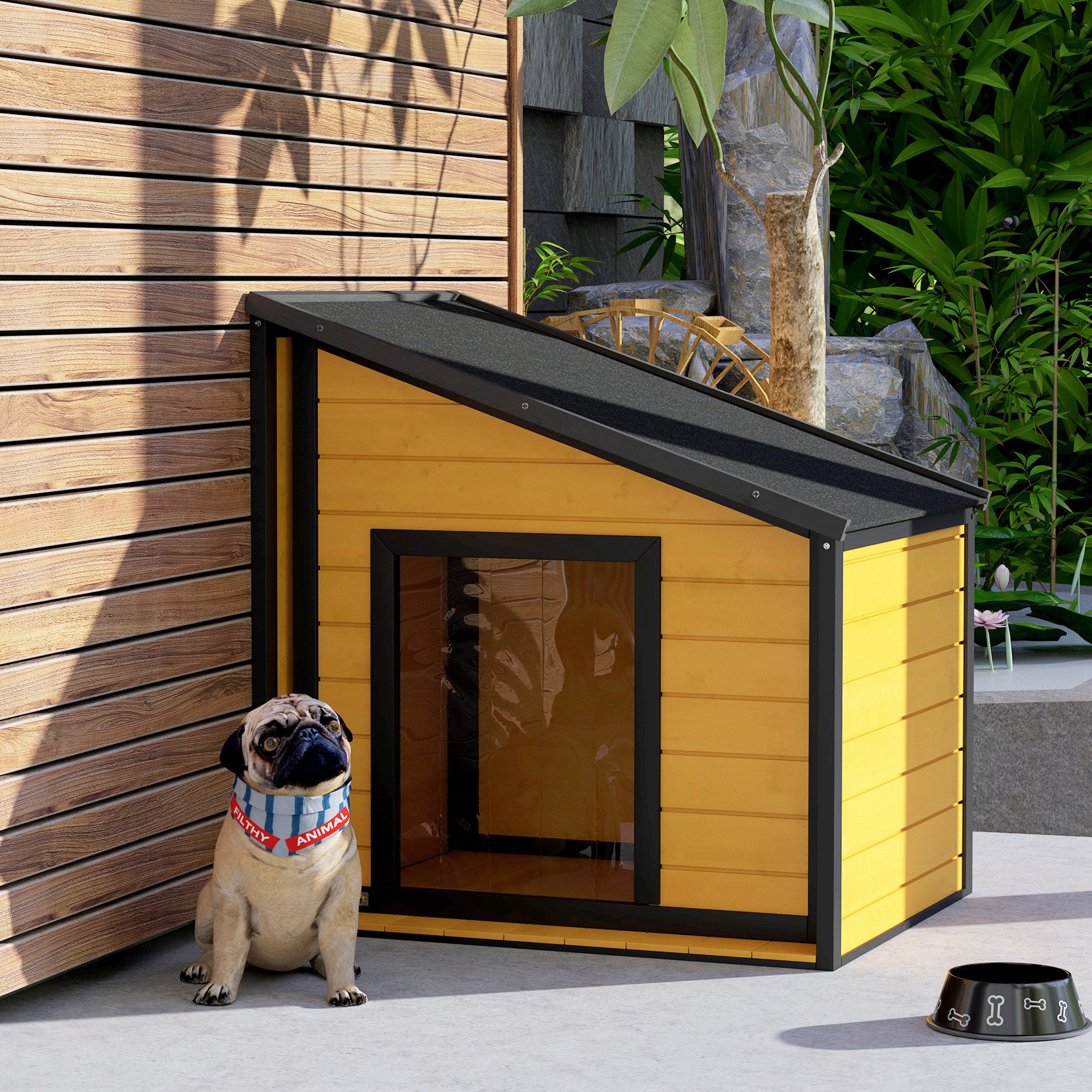 PawHut Hundehütte, aufklappbares Asphaltdach, Vorhang, 71x58x53/77 cm, Schwarz/Gelb