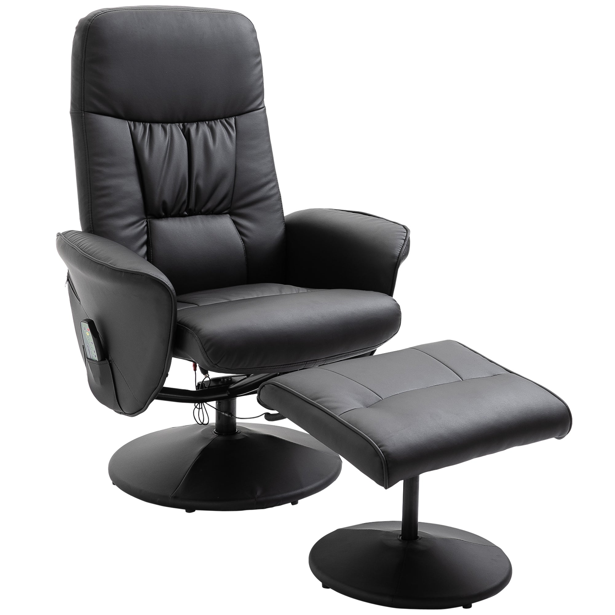 HOMCOM Relaxsessel mit Fußhocker, Elektrischer Massagesessel mit Liegefunktion, 10 Massagepunkte, Drehbarer Fernsehsessel mit Seitentasche, Fernbedienung, Kunstleder, Schwarz
