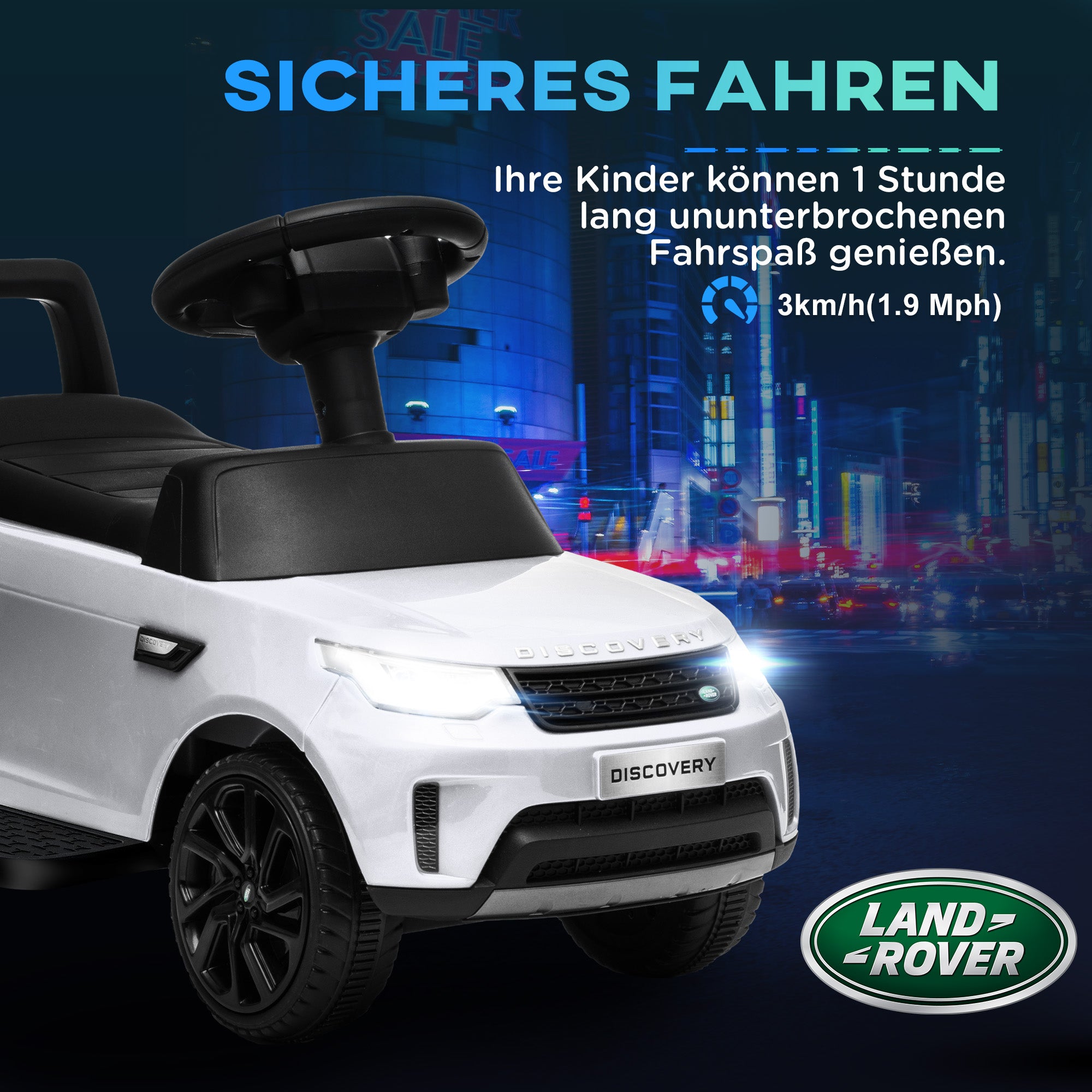 AIYAPLAY Elektro Kinderauto 6V, Land Rover, Fahr-/Schiebemodus, Scheinwerfer, Musik, Weiß