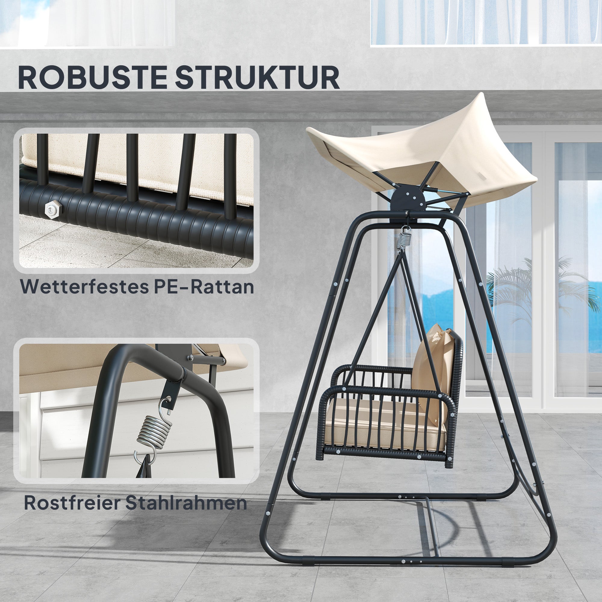 Outsunny Hollywoodschaukel Rattan 2-Sitzer Gartenschaukel mit Sonnendach Kissen bis 240 kg 149 x 121 x 180 cm Khaki