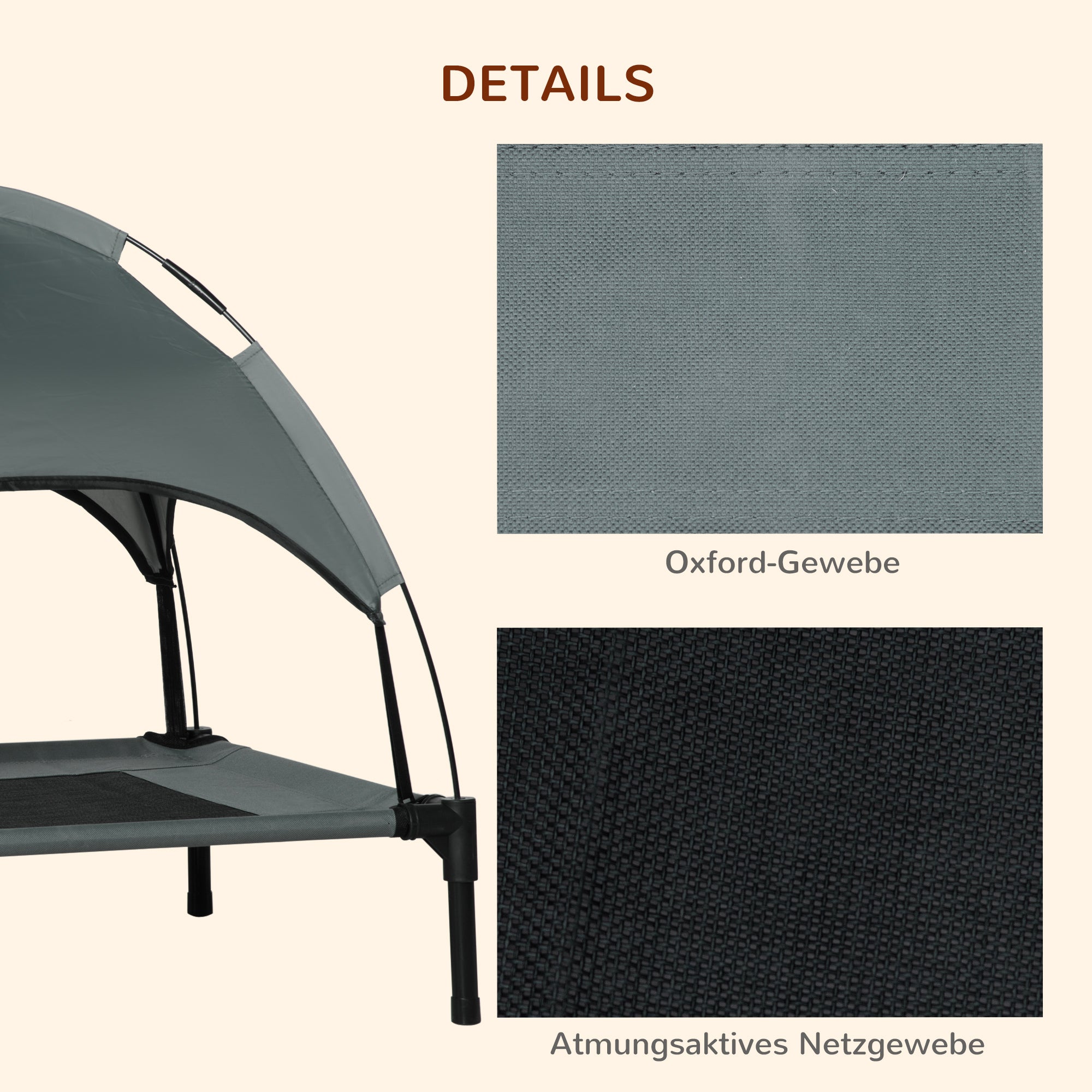PawHut Erhöhtes Hundebett mit Baldachin, Haustierbett, Hundeliege outdoor mit Dach, Atmungsaktiv, Taftstoff für Camping Grau 76 x 61 x 73 cm