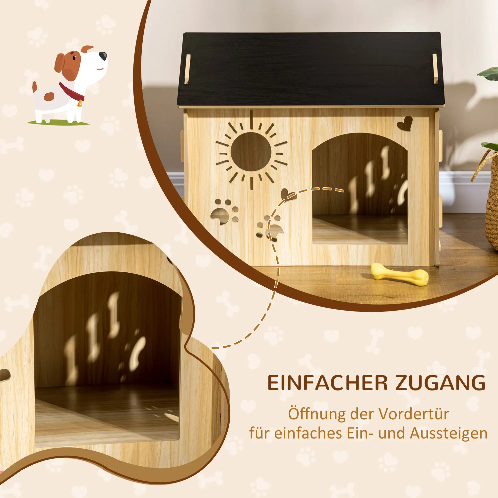 PawHut Hundehütte, mit Lüftungsöffnungen, wetterfest, Holzmaterial, Schwarz+Holzfarbe, 69 x 50 x 58,5 cm