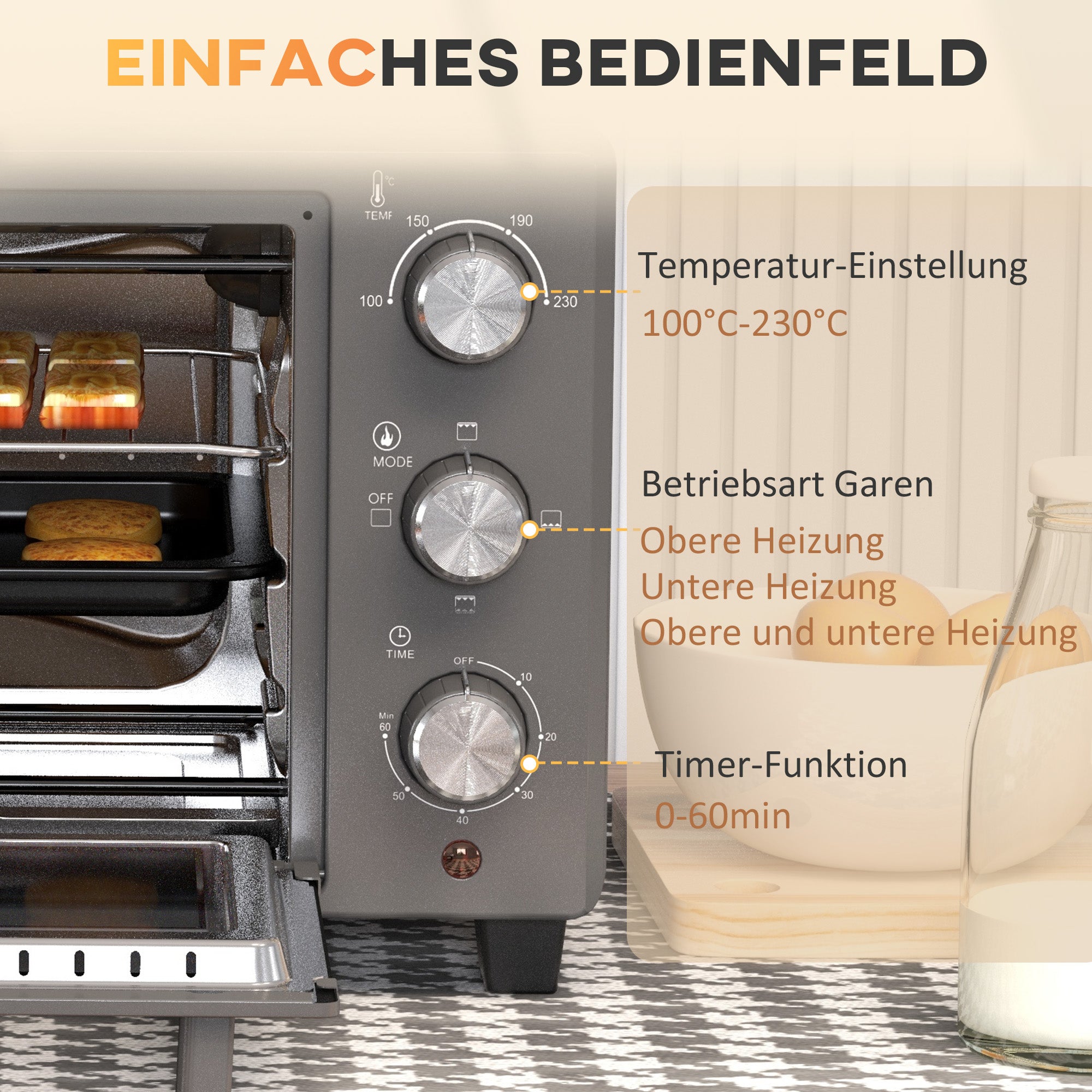 HOMCOM Minibackofen, 21 L Toasterofen mit 1 Drahtgestell und 1 Backblech, 3 Kochmodi, 100 °C-230 °C, Edelstahl, Glas, Grau
