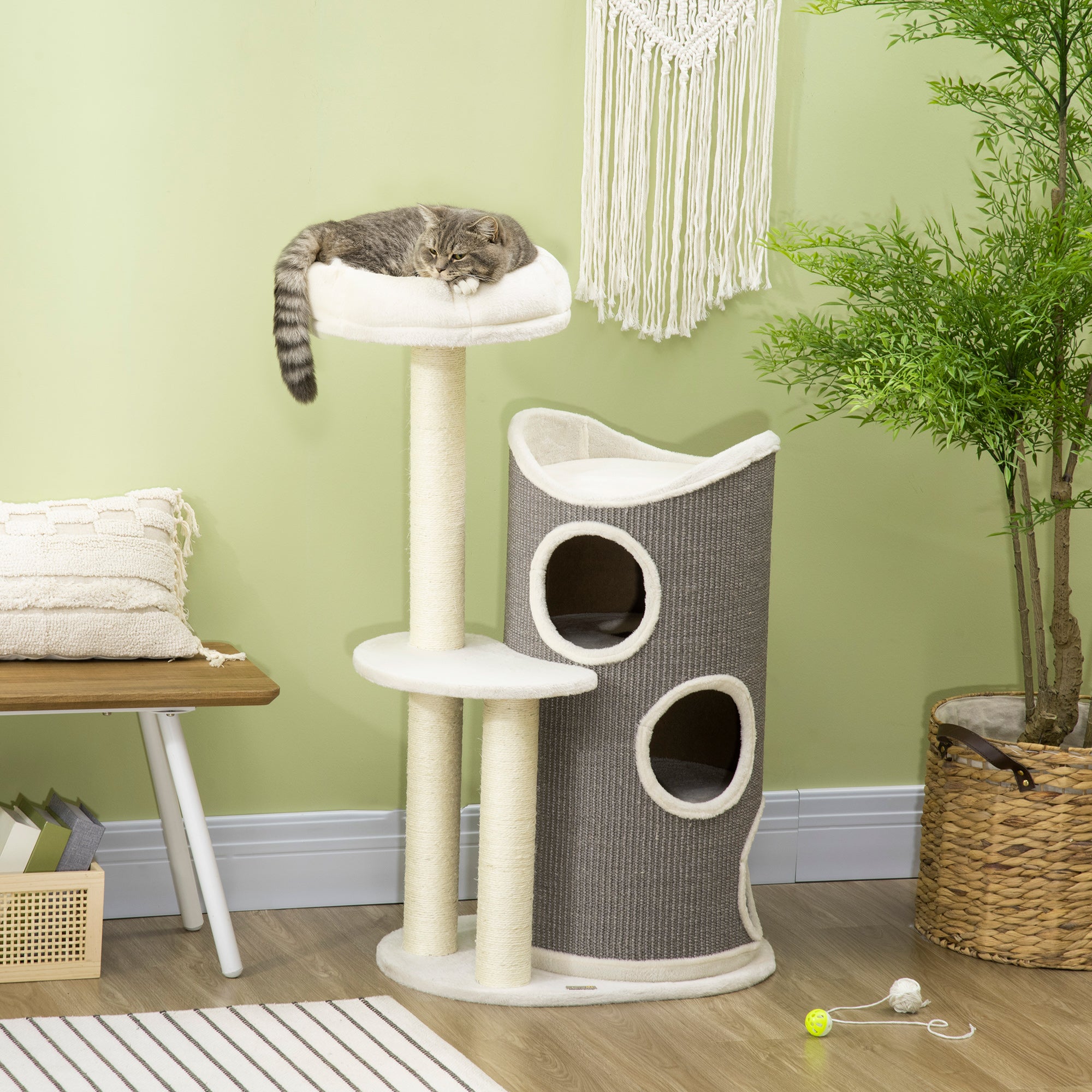 PawHut Kratzbaum Kratztonne Katzenbett mit 3 Ebenen Plüsch Weiß Grau