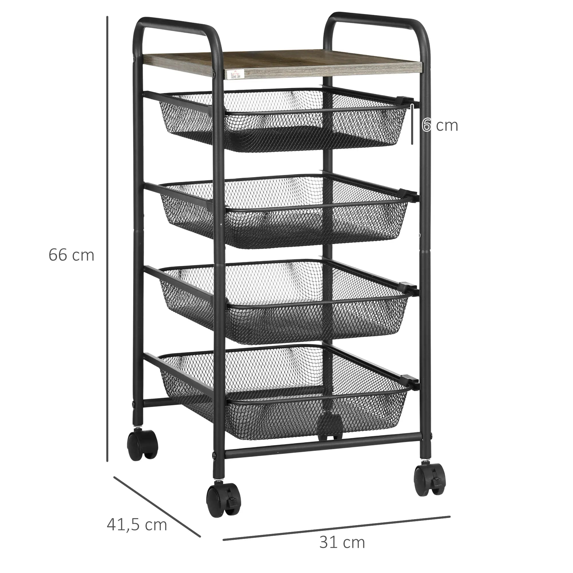 HOMCOM Rollwagen mit 4 Körben, Küchenwagen, 4 Räder mit 2 Bremsen, Allzweckwagen, Schwarz, 41,5 x 31 x 66 cm