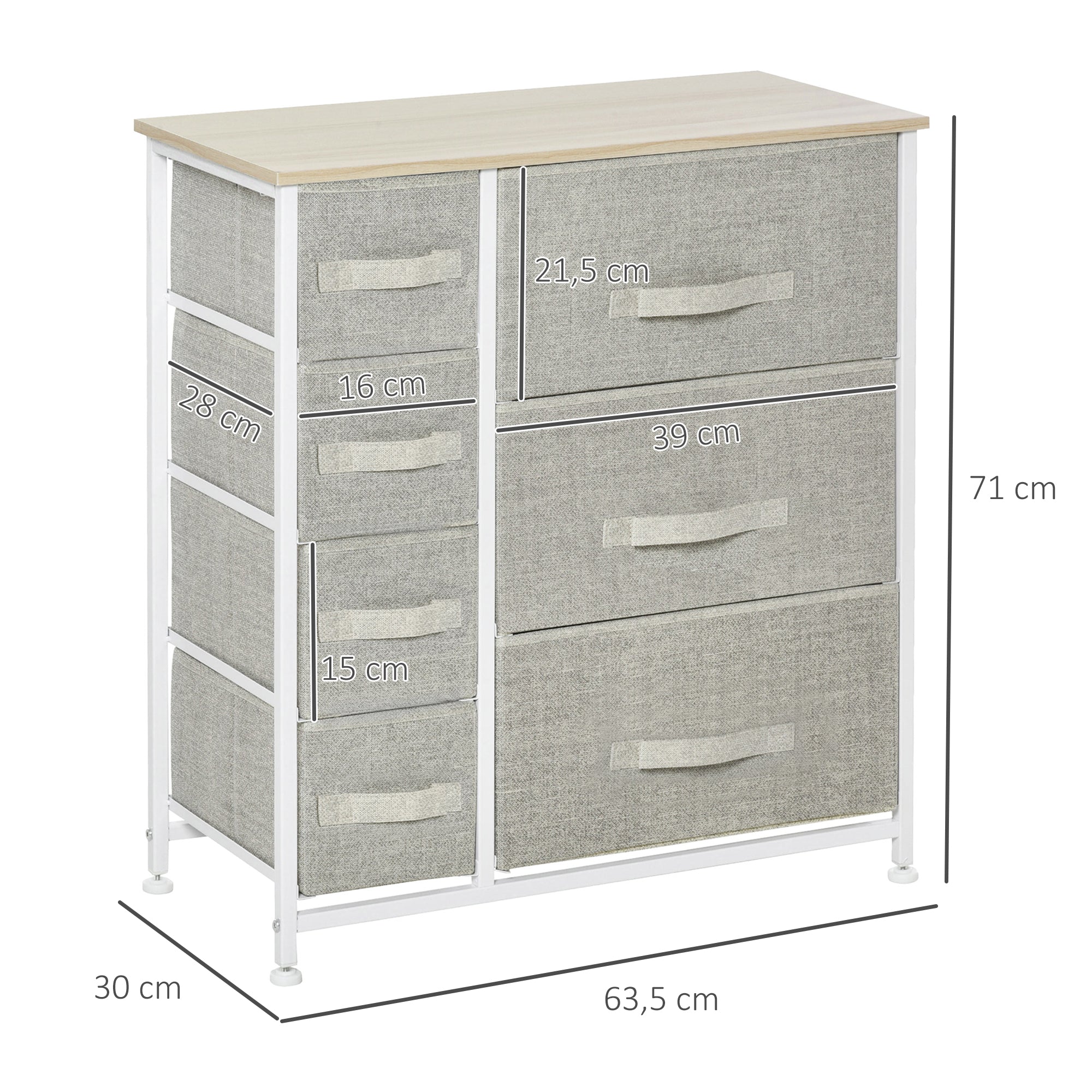 HOMCOM Kommode, Sideboard, 7 faltbare Stoffschubladen, Metallgestell, 63,5 x 30 x 71 cm, Hellgrau