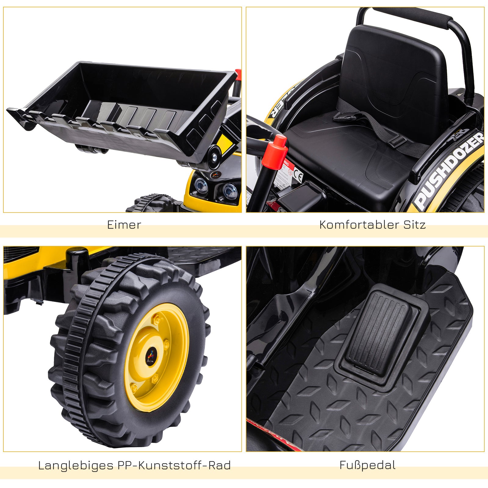 HOMCOM Kinder Elektrobagger Sitzbagger für Kinder Aufsitzbagger Geländewagen traktor elektrisch zum Fahren mit Musik Schaufel Armen 3–5 Jahre PP-Kunststoff Stahl Gelb 132 x 62 x 65 cm