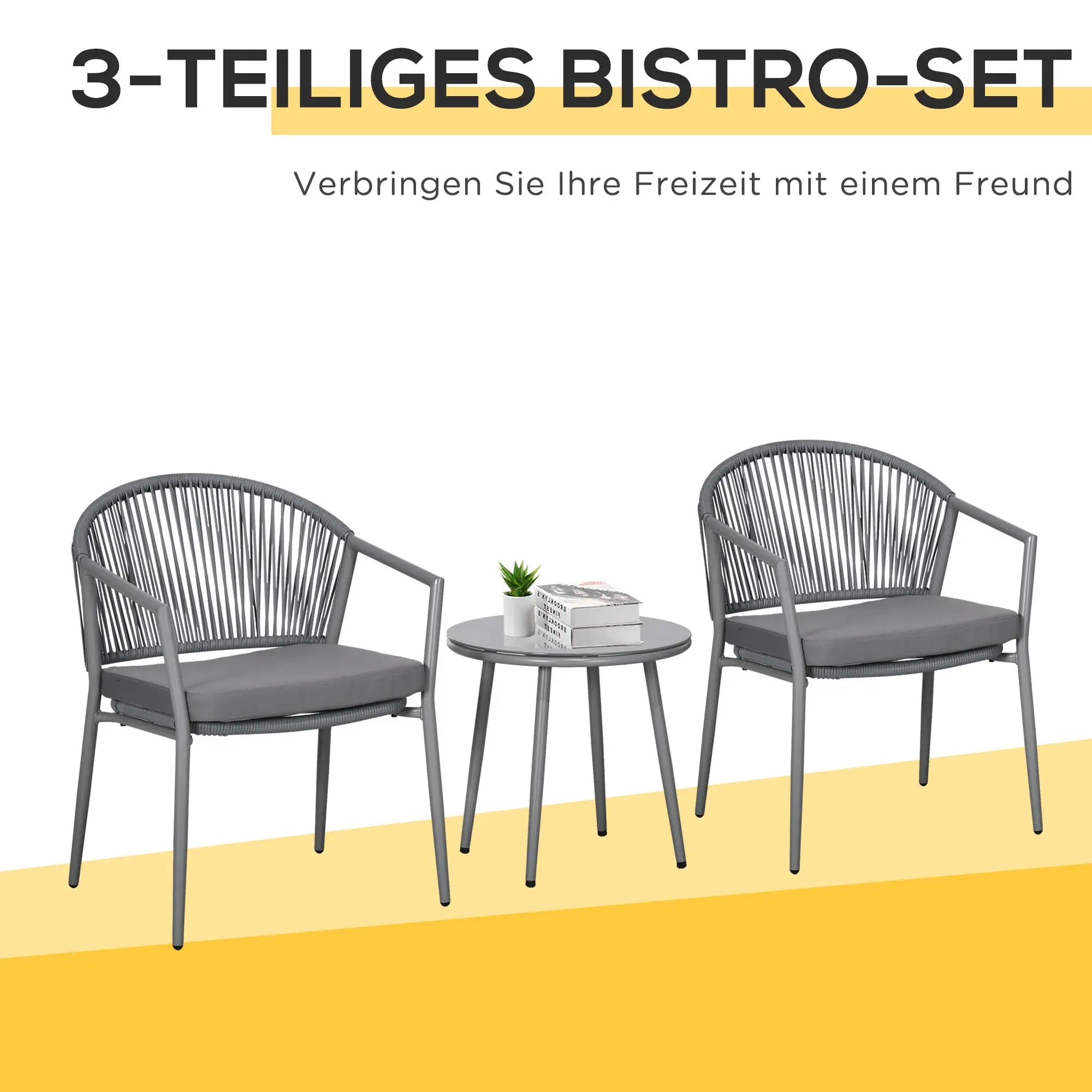 Outsunny Gartenmöbel-Set, 2 Stühle & 1 Tisch mit Glasplatte, Rattanoptik, wetterfest, Metallrahmen, Grau