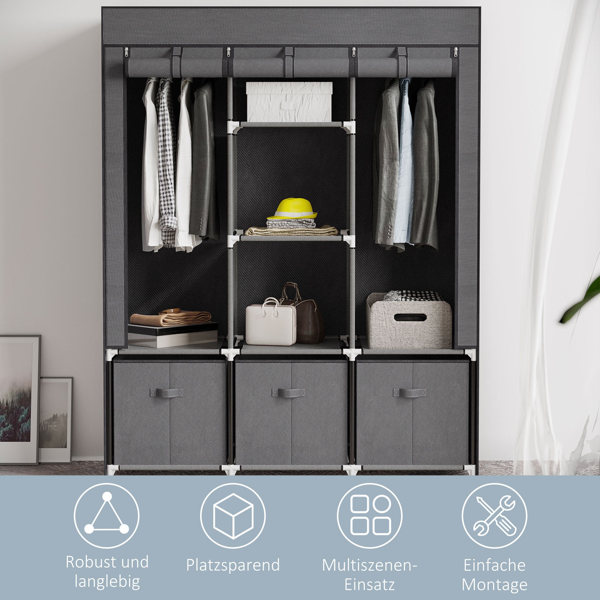 HOMCOM Stoffschrank aus Vlies, Faltschrank, inkl. 3 Schubladen, 125 cm x 43 cm x 162,5 cm, Grau