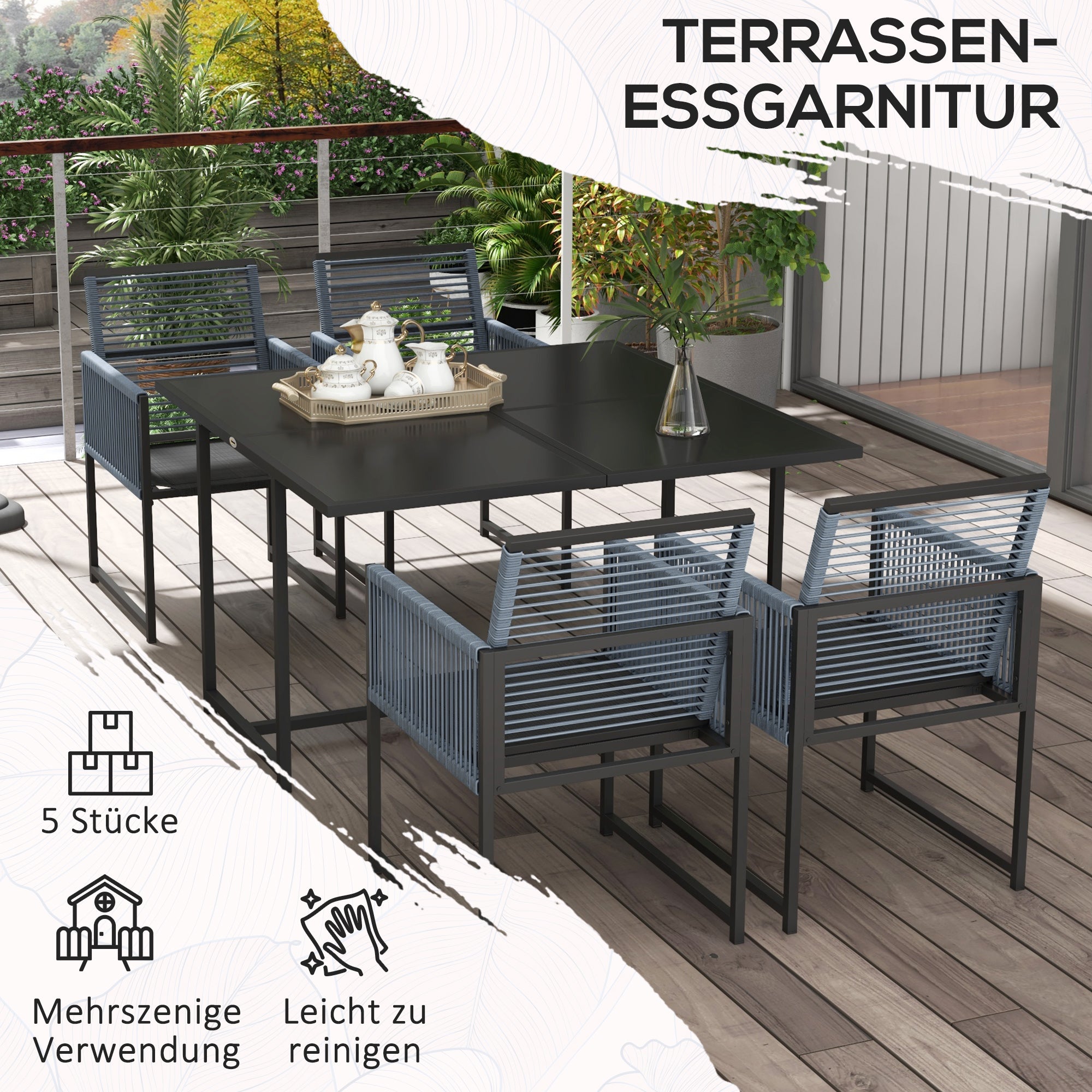 Outsunny 5-teiliges Gartenmöbel-Set, Gartensitzgruppe, Outdoor-Essgruppe, wetterbeständig, 1 Tisch, 4 Stühle, Grau