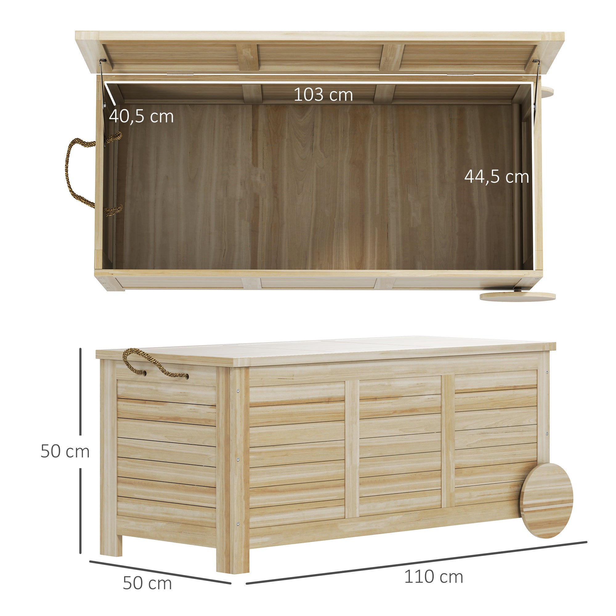 Outsunny 185 L Außenlagerbox, Lagerkiste mit Rädern, wetterbeständig, Tannenholz, 110 x 50 x 50 cm, Hellbraun