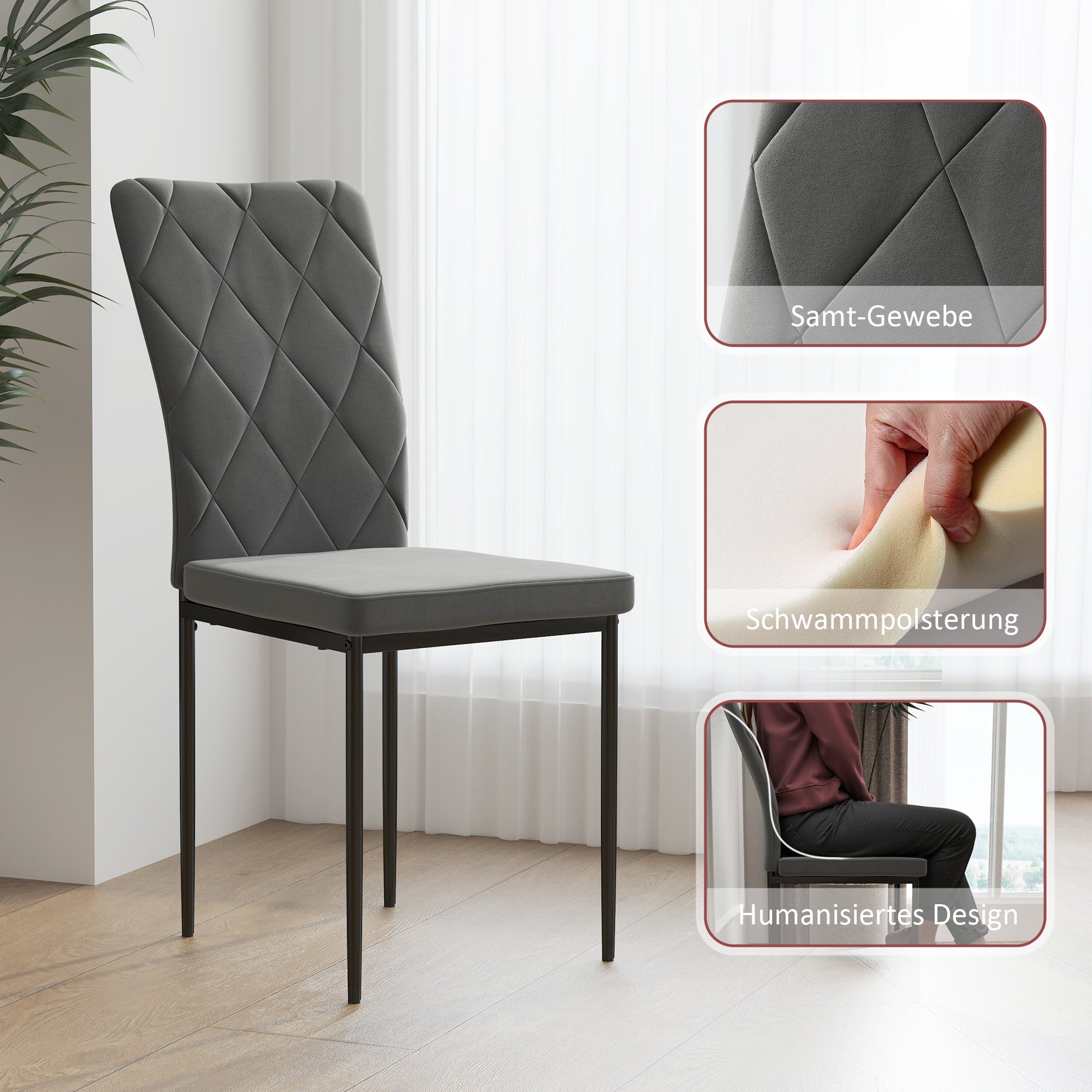 HOMCOM 4er-Set Esszimmerstühle in Samtoptik, Moderne Polsterstühle mit Metallbeinen, für Esszimmer, Schlafzimmer, Küche, Grau