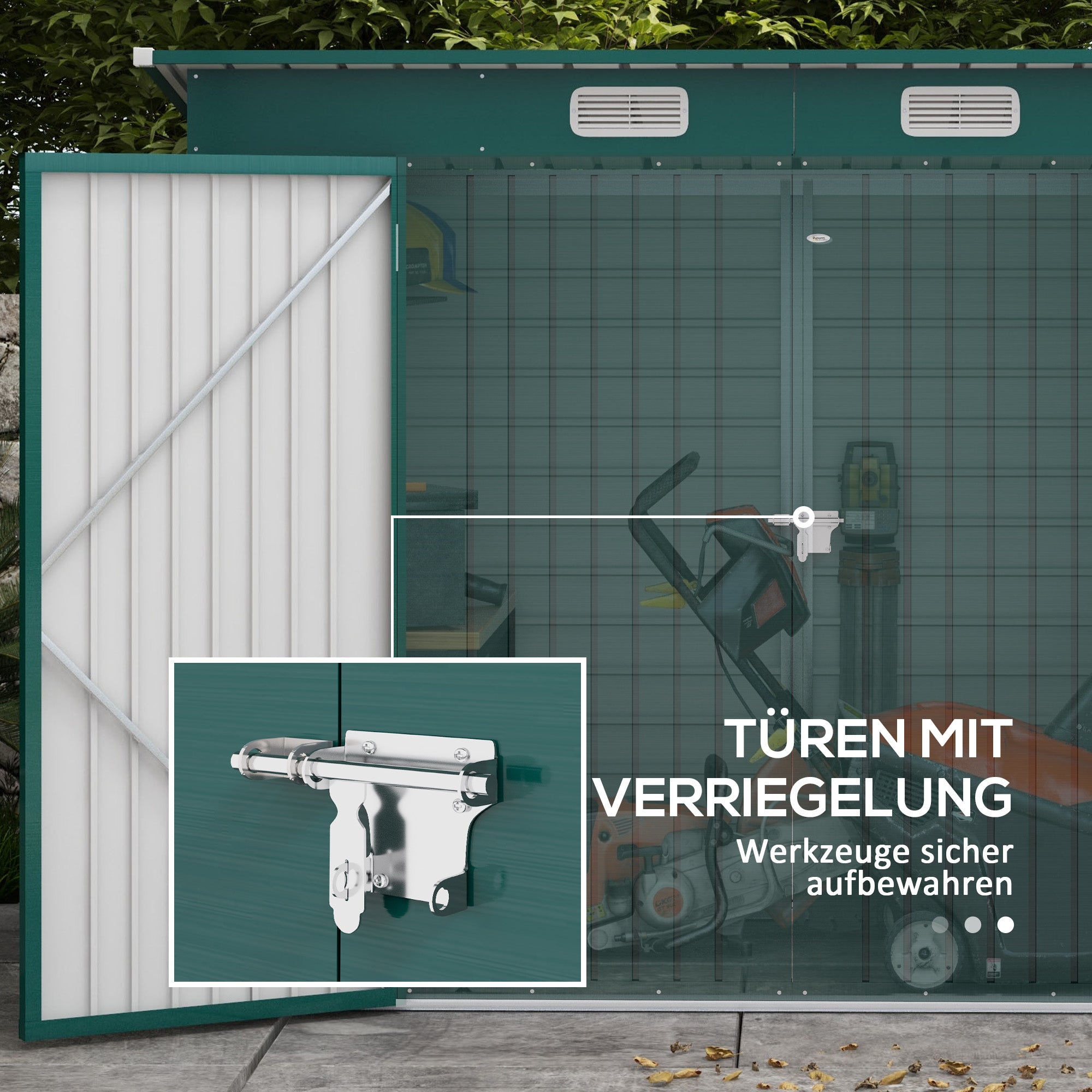 Outsunny Gerätehaus, Metall-Gartenhaus mit Pultdach, 249 x 121 x 166/183 cm, Einfache Montage, mit Doppeltüren, Grün
