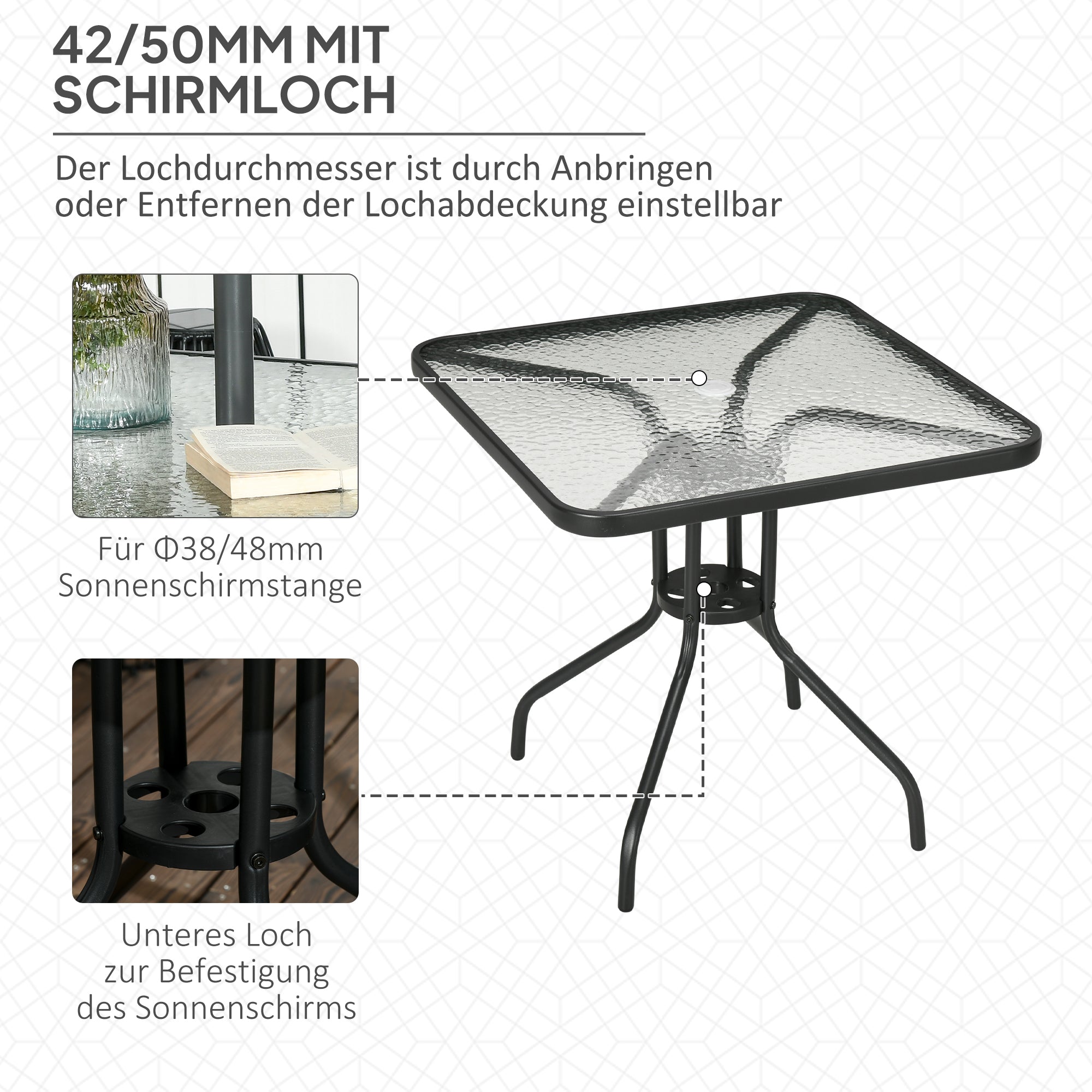 Outsunny Gartentisch Abnehmbar Metall 76x76 cm Wetterfest Balkontisch mit Schirmloch, rutschfest Schwarz