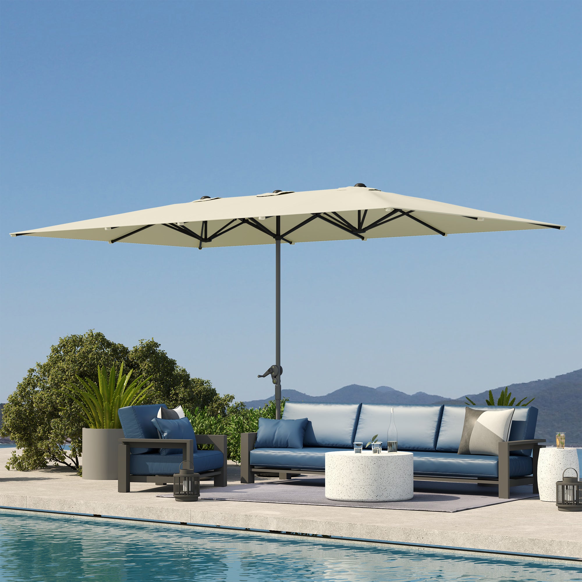 Outsunny Doppelseitiger Schirm, 451 x 264 cm Sonnenschirm mit Kurbelsystem, 12 Metallstreben, Aluminiummast, Cremeweiß