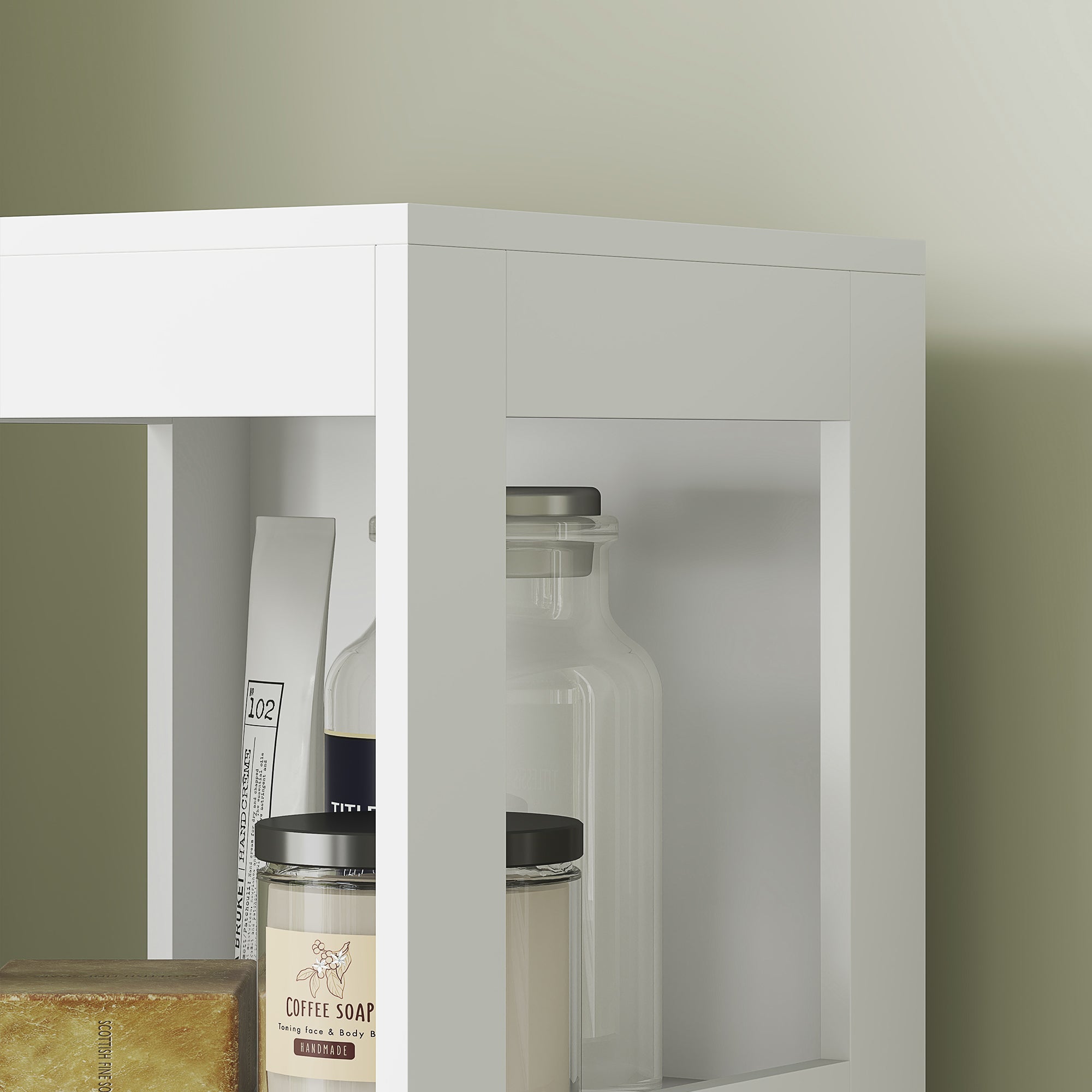 HOMCOM Badezimmerschrank, Kompaktes Badezimmerregal mit 2 Schubladen und 3 offenen Fächern, Freistehendes Badregal, MDF, Weiß