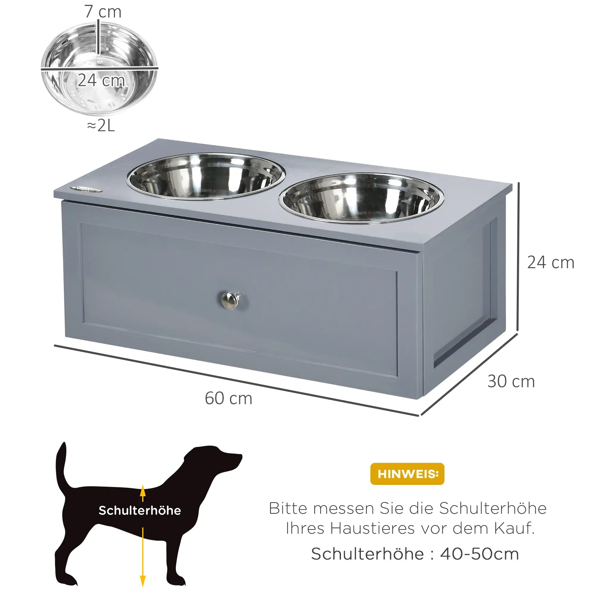PawHut Futterstation, 2 Fressnäpfe je 2 Liter, Edelstahl, mit Schublade, für mittlere Hunde, grau, 60 x 30 x 24cm