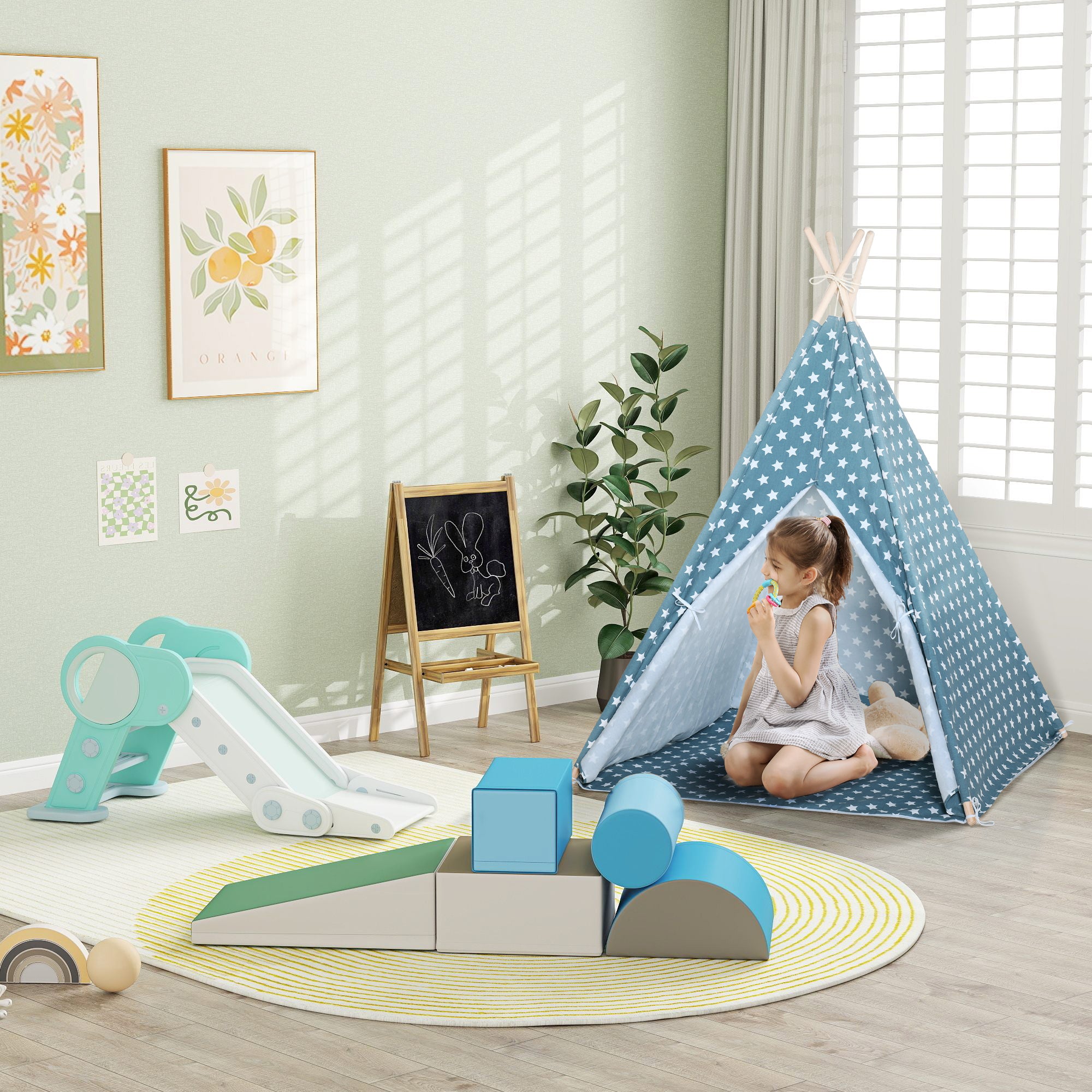 AIYAPLAY Rutsche für Kleinkinder, klappbar, Indoor, rutschfeste Stufen, erhöhter Sicherheitsrand, grün