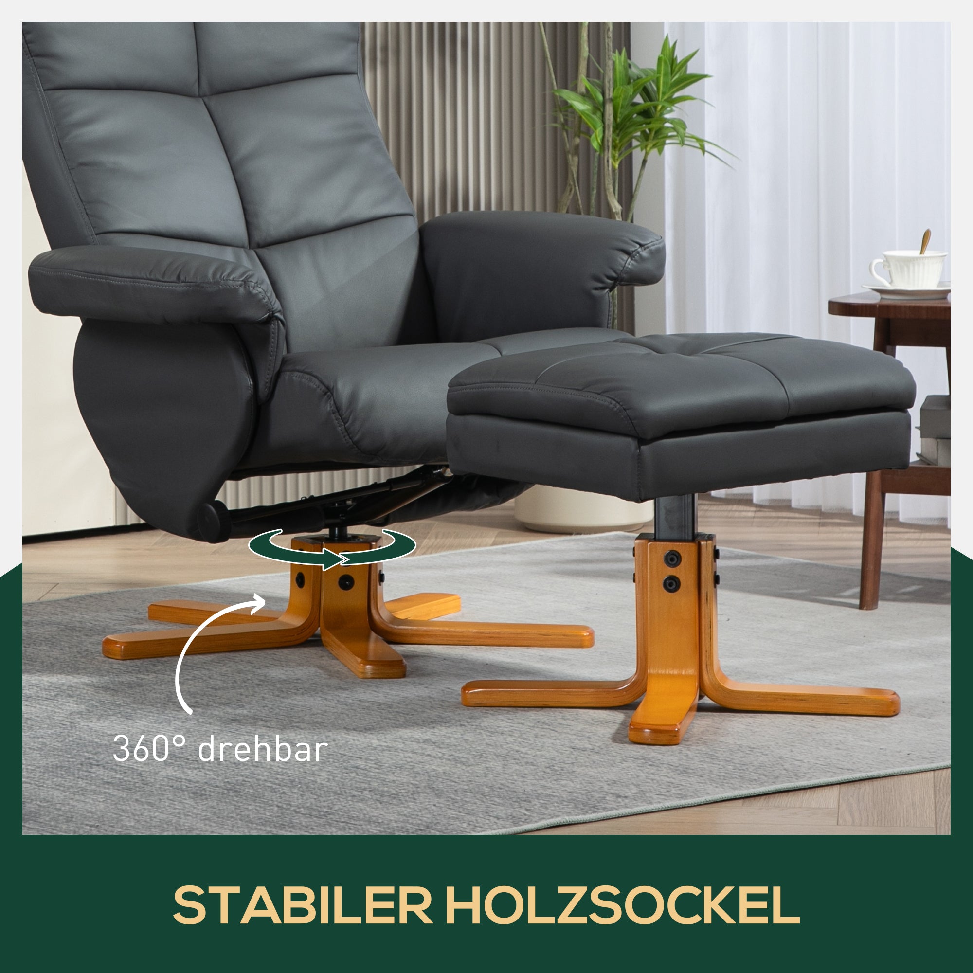 HOMCOM Relaxsessel mit Hocker, 145° neigbare Rückenlehne, 360° drehbar, Kunstleder, Dunkelgrau
