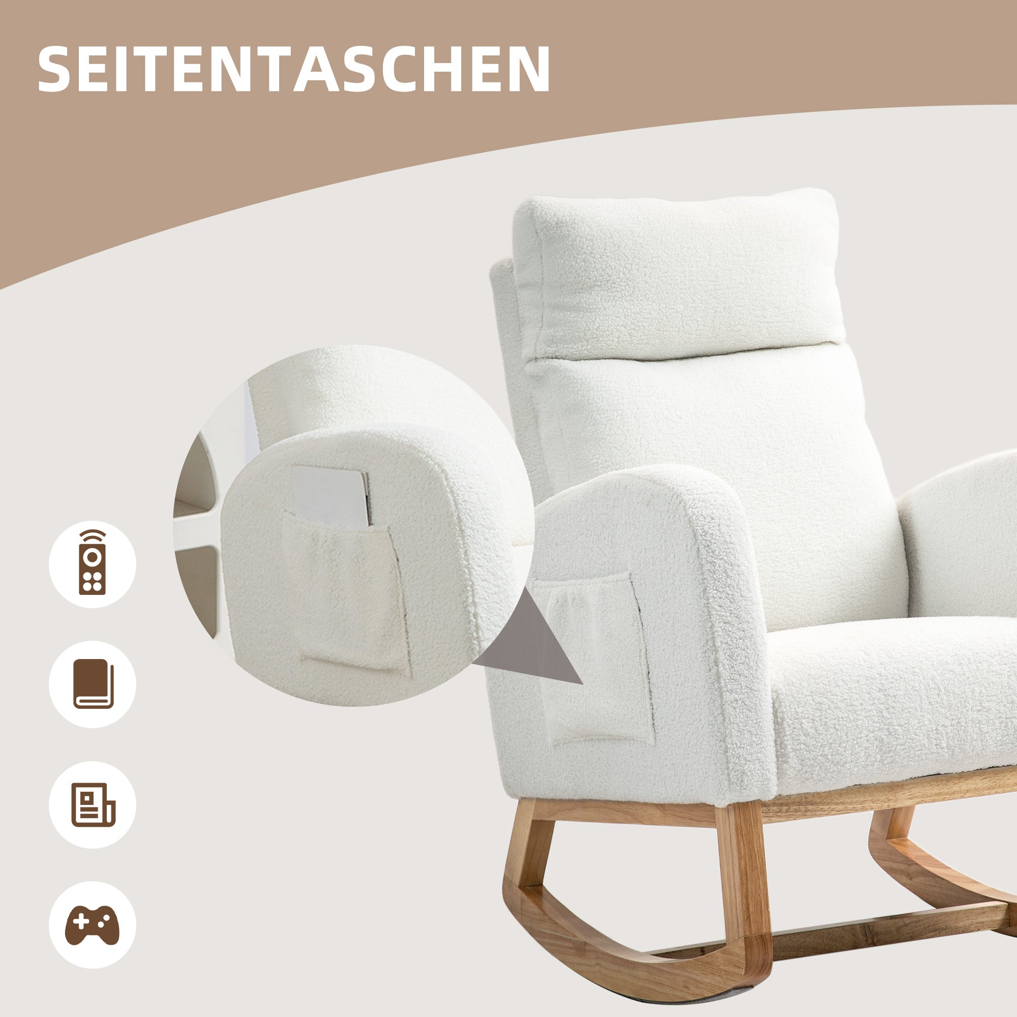 HOMCOM Schaukelstuhl, Relaxsessel, dicke Polsterung, kuscheliger Bezug, Holzrahmen, bis 120 kg Tragkraft, Cremeweiß