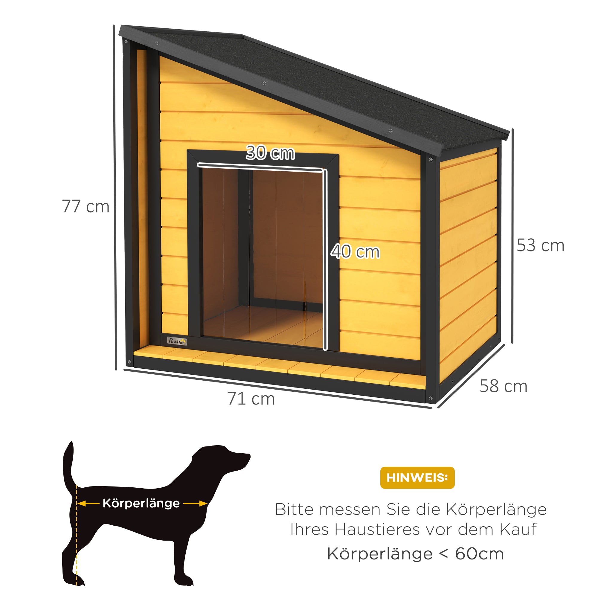 PawHut Hundehütte, aufklappbares Asphaltdach, Vorhang, 71x58x53/77 cm, Schwarz/Gelb