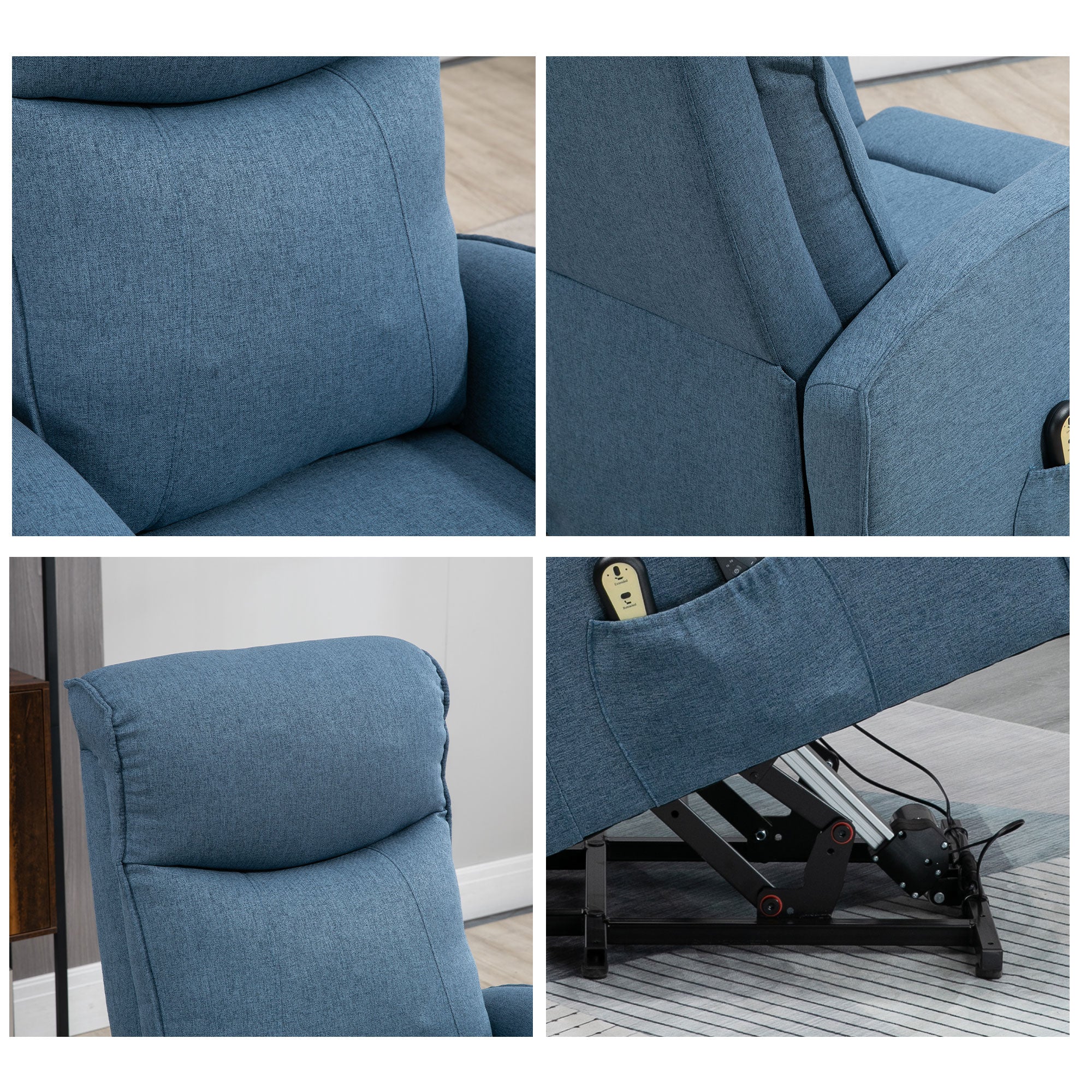 HOMCOM Massagesessel mit Aufstehhilfe, Relaxsessel, inkl. Fernbedienung, 1 Seitentasche, Fußstütze, Blau