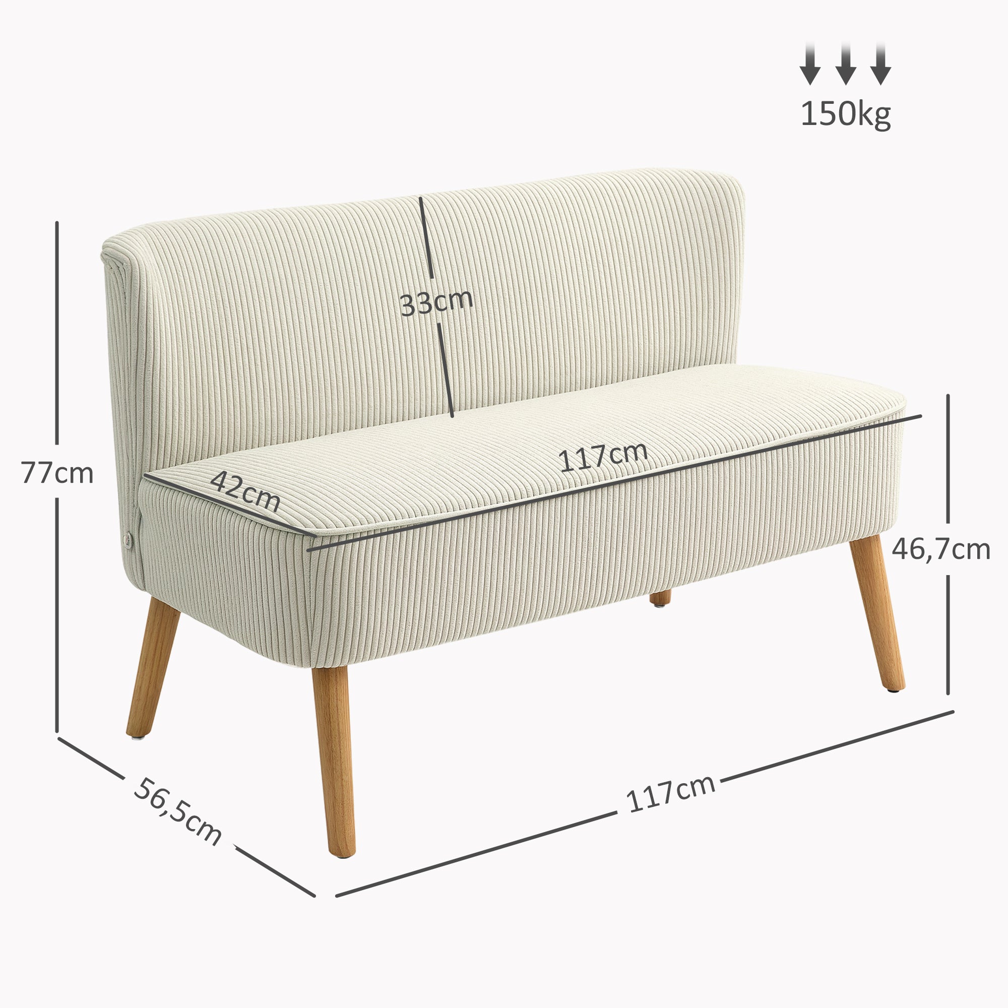 HOMCOM 2-Sitzer Sofa, weiche Polsterung, pflegeleichter Bezug, bis 150 kg belastbar, 117 x 56,5 x 77 cm, Cremeweiß
