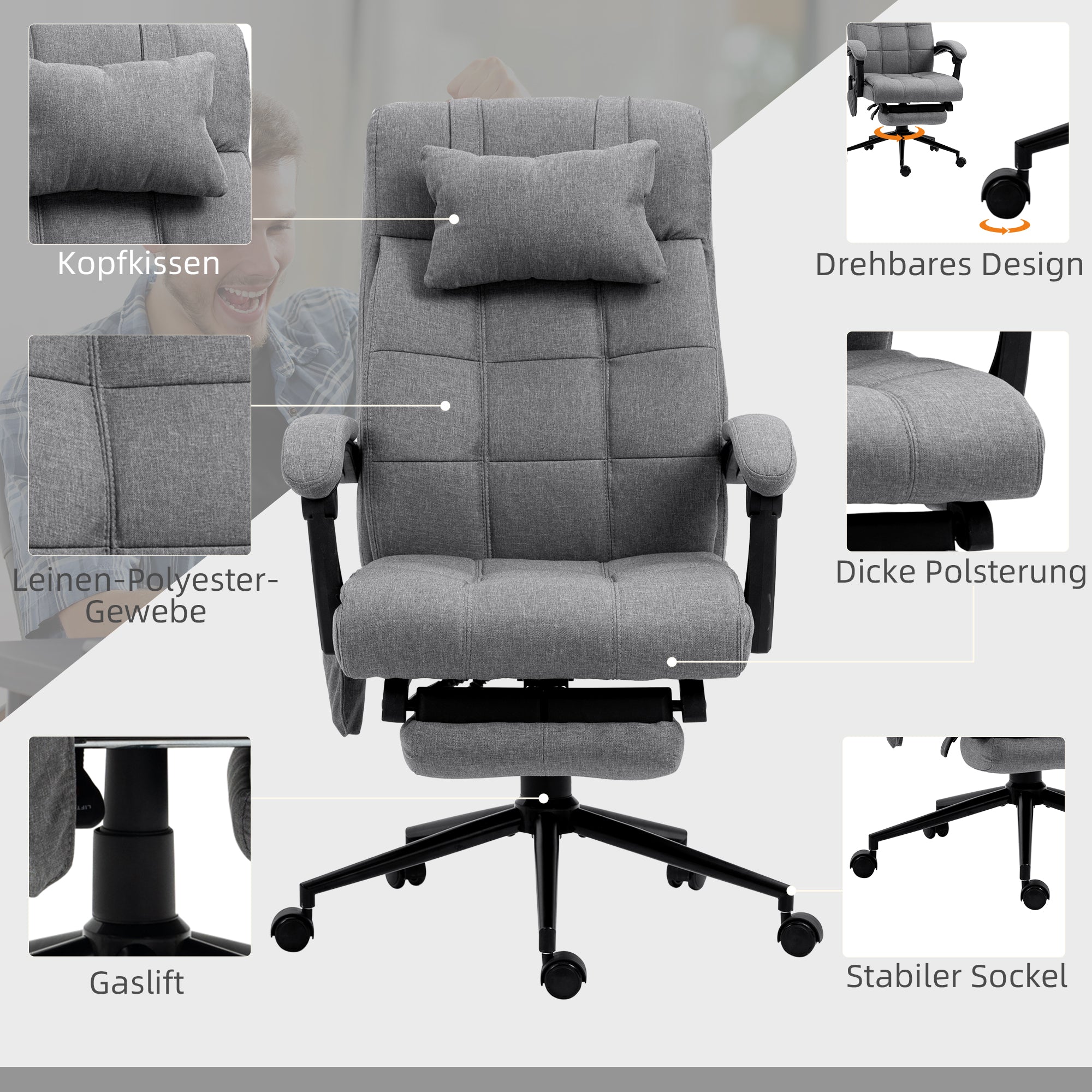 Vinsetto Bürostuhl mit Massagefunktion, ergonomisch, 66x76x112-120cm, Grau