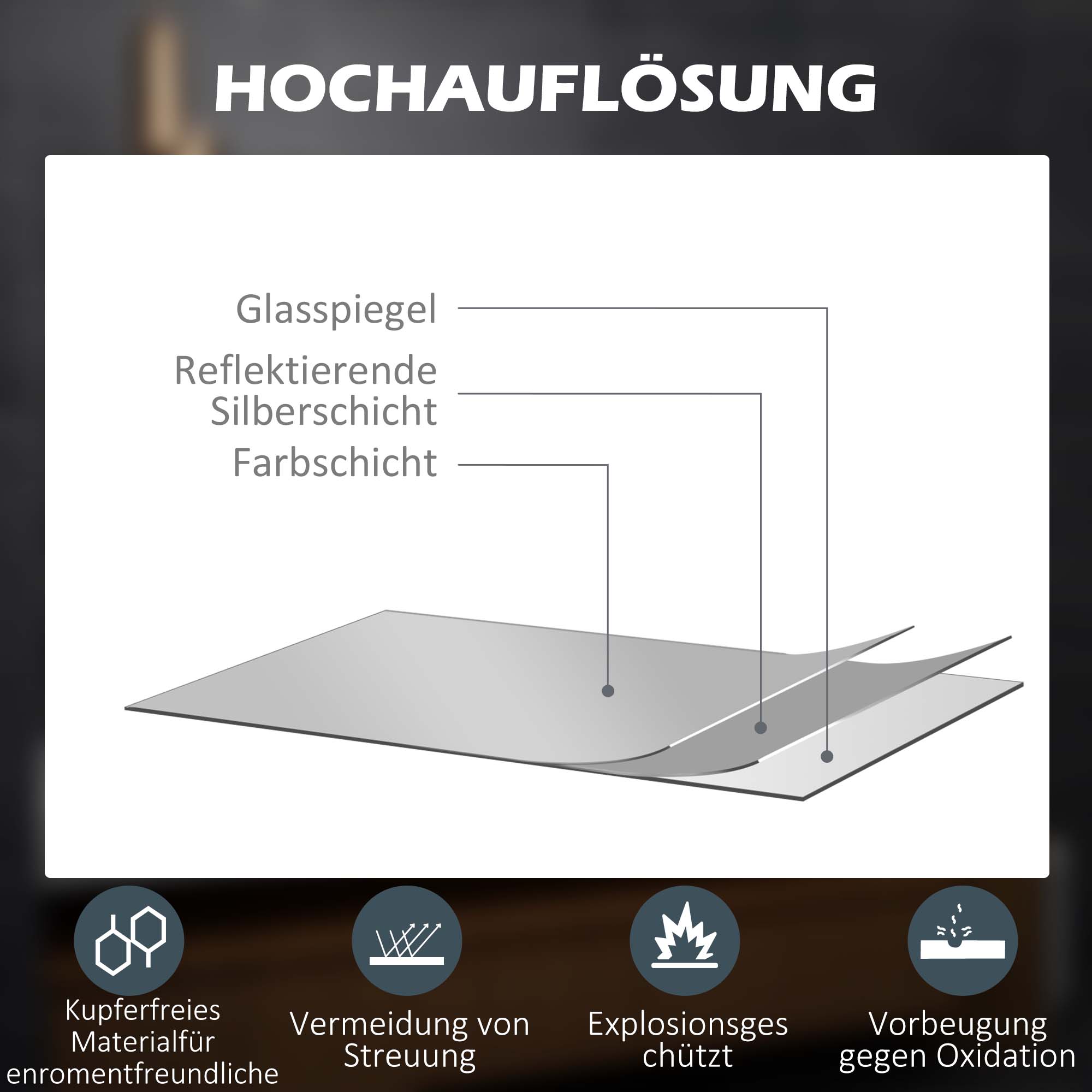 kleankin LED-Badezimmerspiegel, Antibeschlag, Touch-Schalter, Hintergrundbeleuchtung, 70 x 50 cm, Weiß