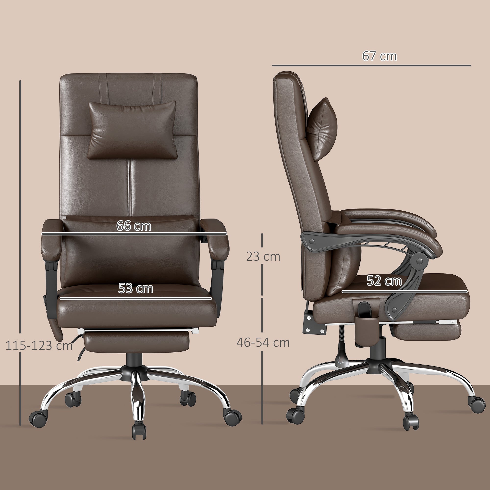 Vinsetto Bürostuhl mit Massagefunktion, Ergonomischer Schreibtischstuhl mit Liegefunktion, Kopfkissen, höhenverstellbar, Braun